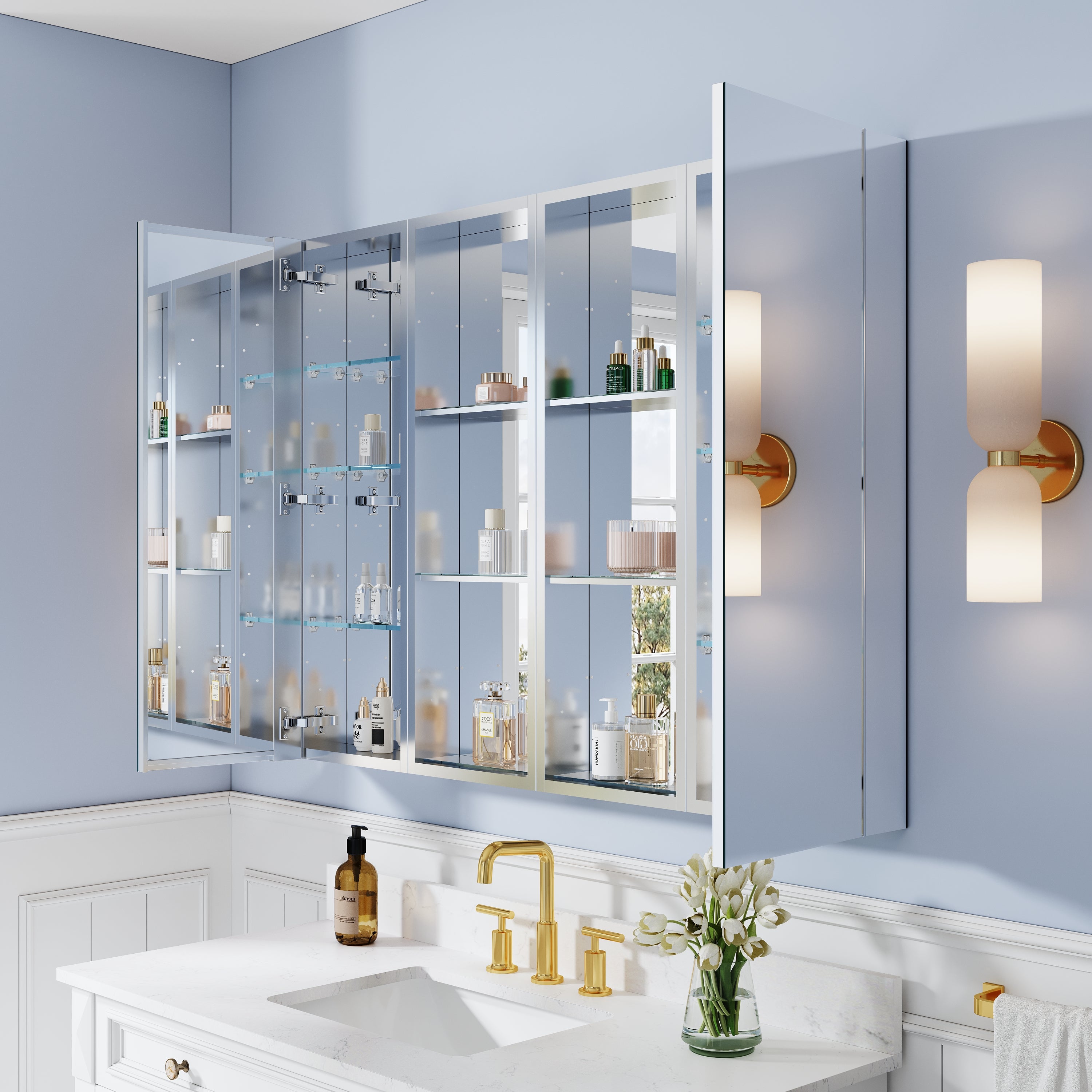 48 in. ×36 in. Bathroom Medicine Cabinet Set with Copper-Free Tri-View Mirror and Open Side Cabinet, Recessed or Surface Mount