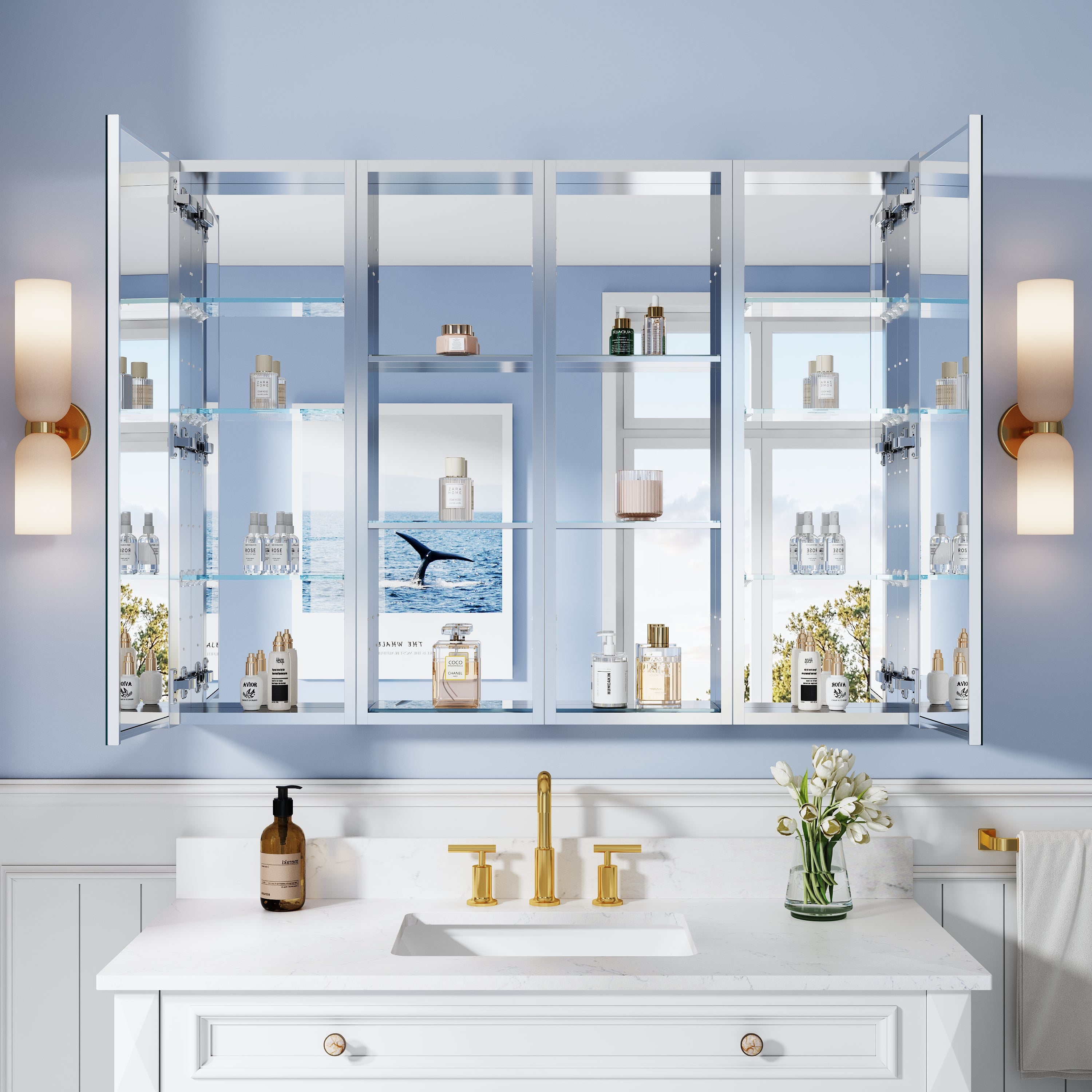 48 in. ×36 in. Bathroom Medicine Cabinet Set with Copper-Free Tri-View Mirror and Open Side Cabinet, Recessed or Surface Mount