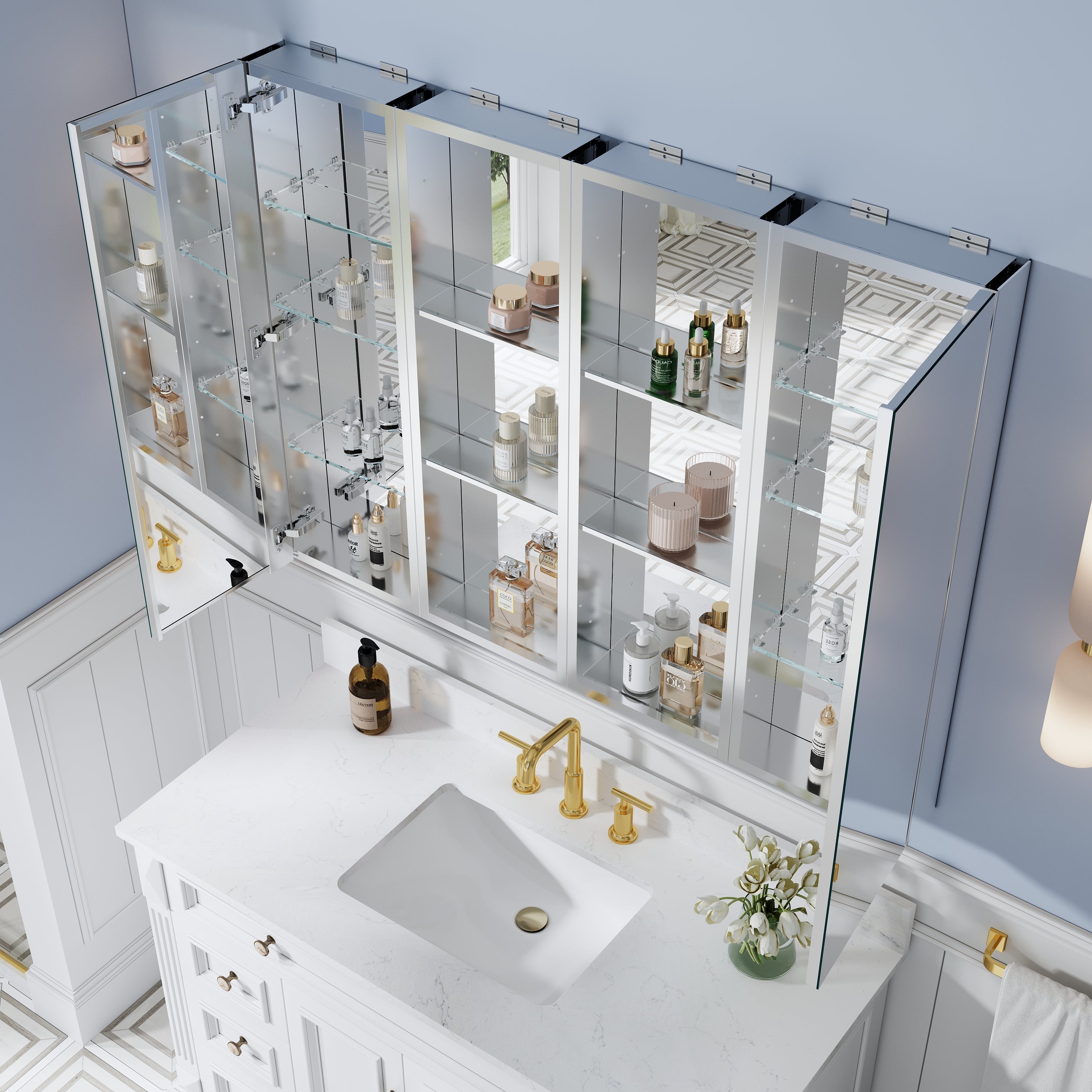 48 in. ×36 in. Bathroom Medicine Cabinet Set with Copper-Free Tri-View Mirror and Open Side Cabinet, Recessed or Surface Mount