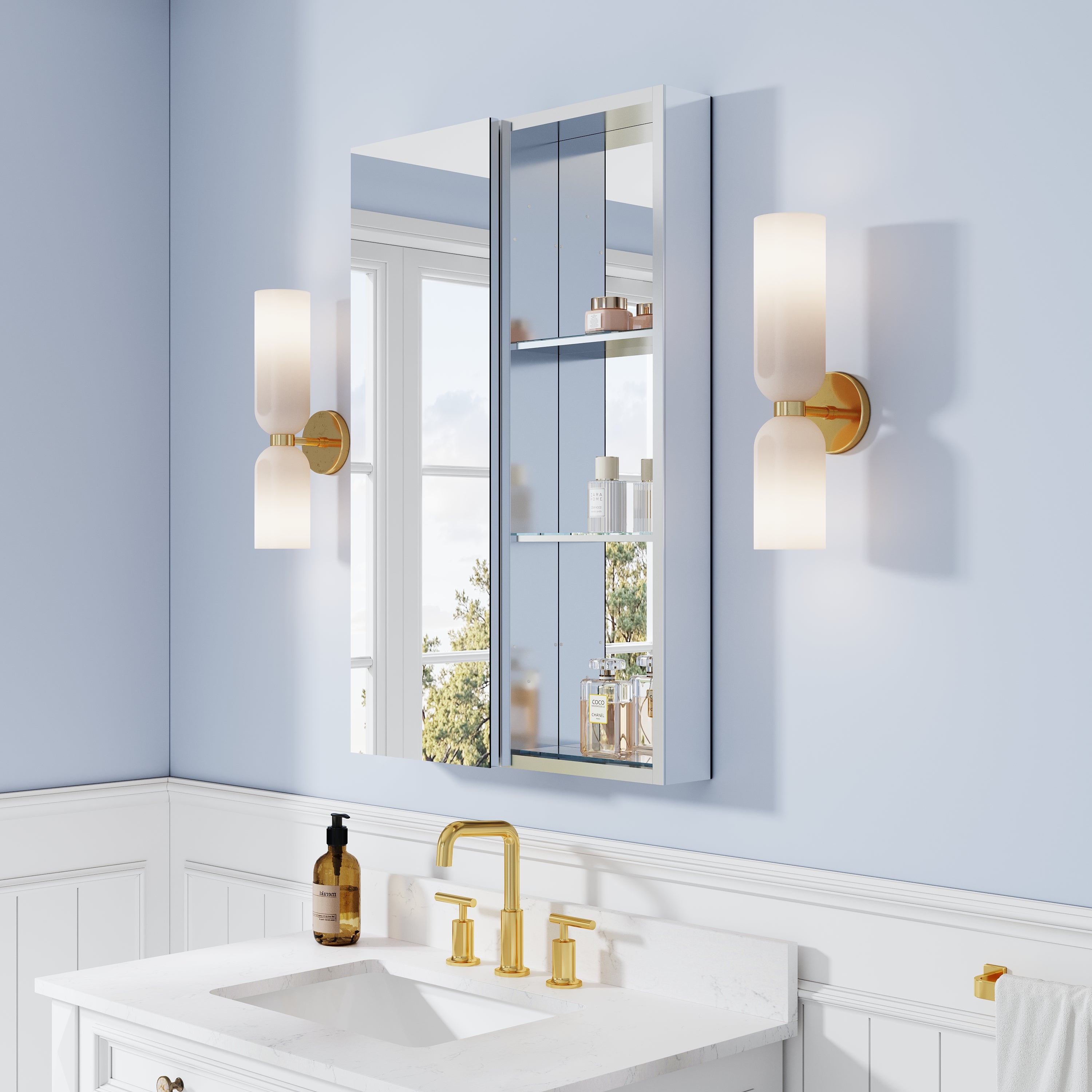 24 in. ×36 in. Bathroom Medicine Cabinet Set with Copper-Free Tri-View Mirror and Open Side Cabinet, Recessed or Surface Mount