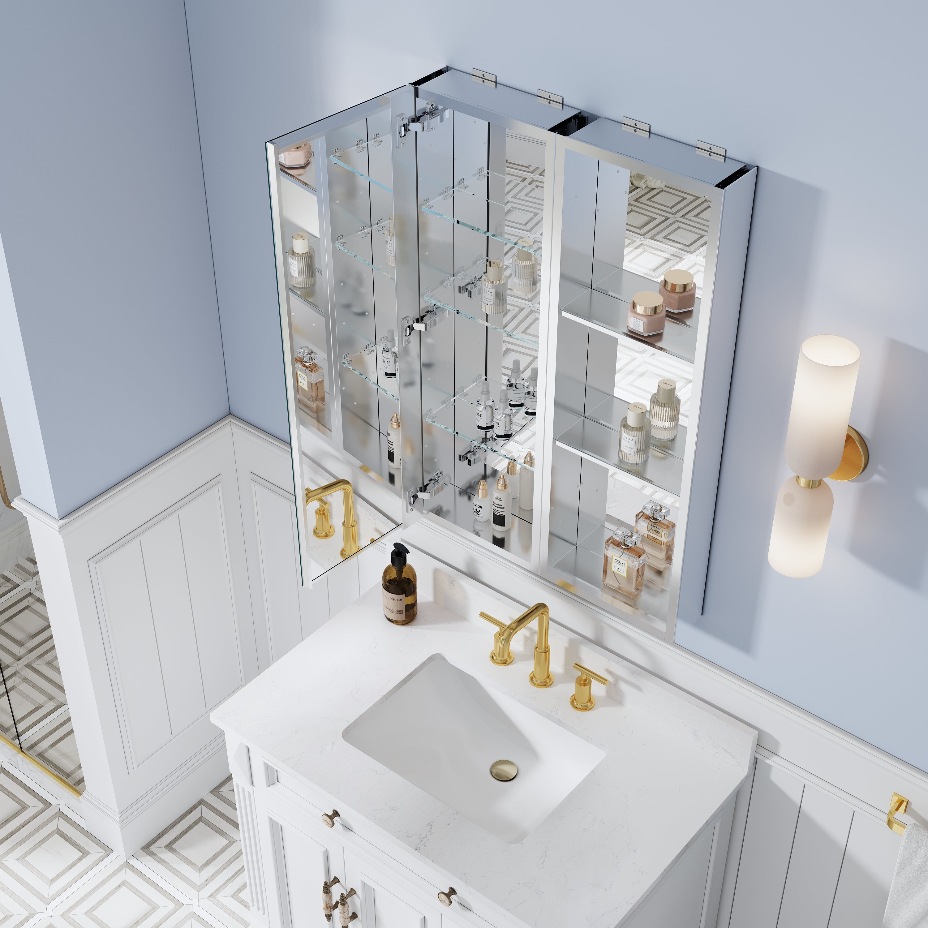 24 in. ×36 in. Bathroom Medicine Cabinet Set with Copper-Free Tri-View Mirror and Open Side Cabinet, Recessed or Surface Mount