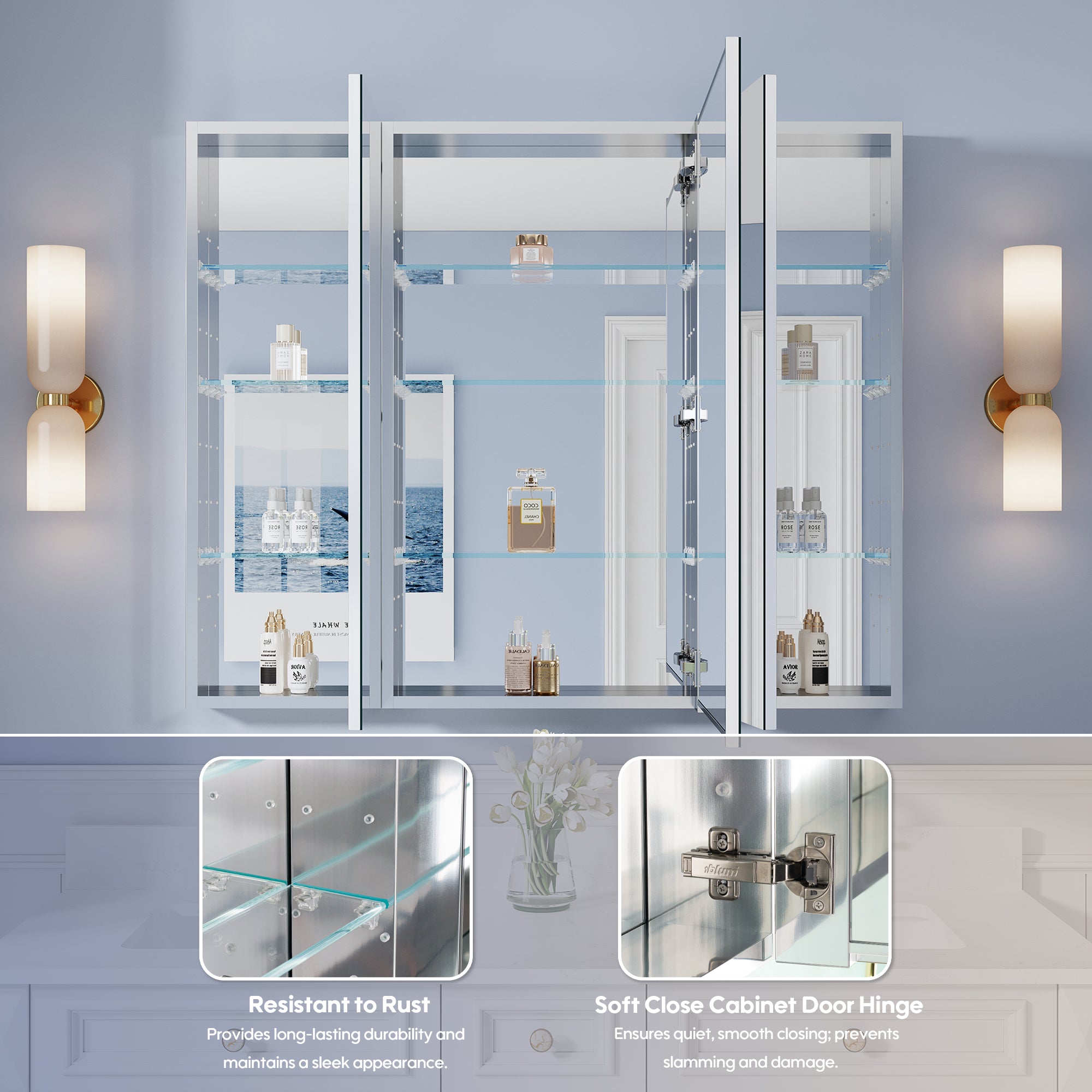 44 in. ×36 in. Copper-Free Tri-Views Mirror Medicine Cabinet with Adjustable Shelves and 3 Doors