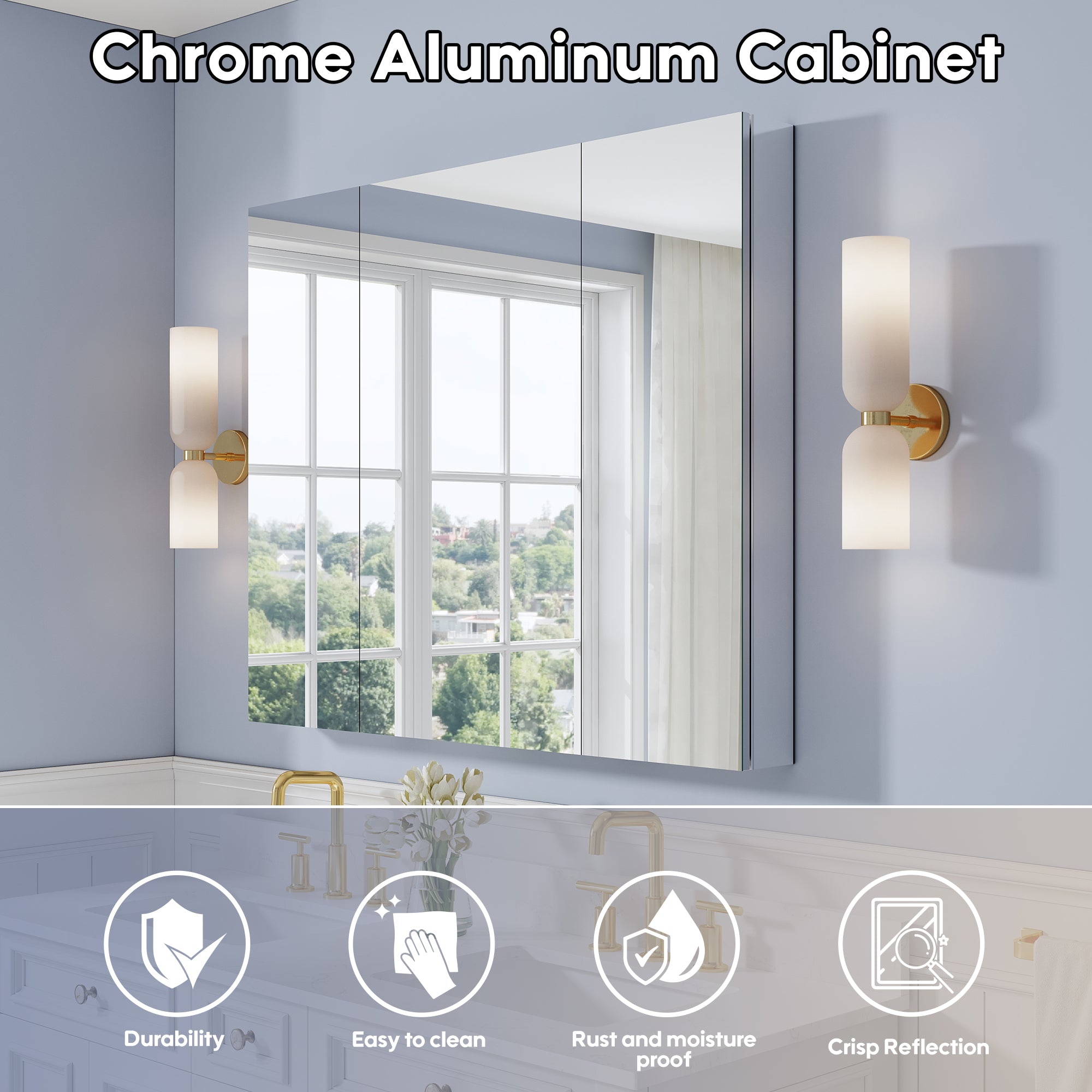 44 in. ×36 in. Copper-Free Tri-Views Mirror Medicine Cabinet with Adjustable Shelves and 3 Doors