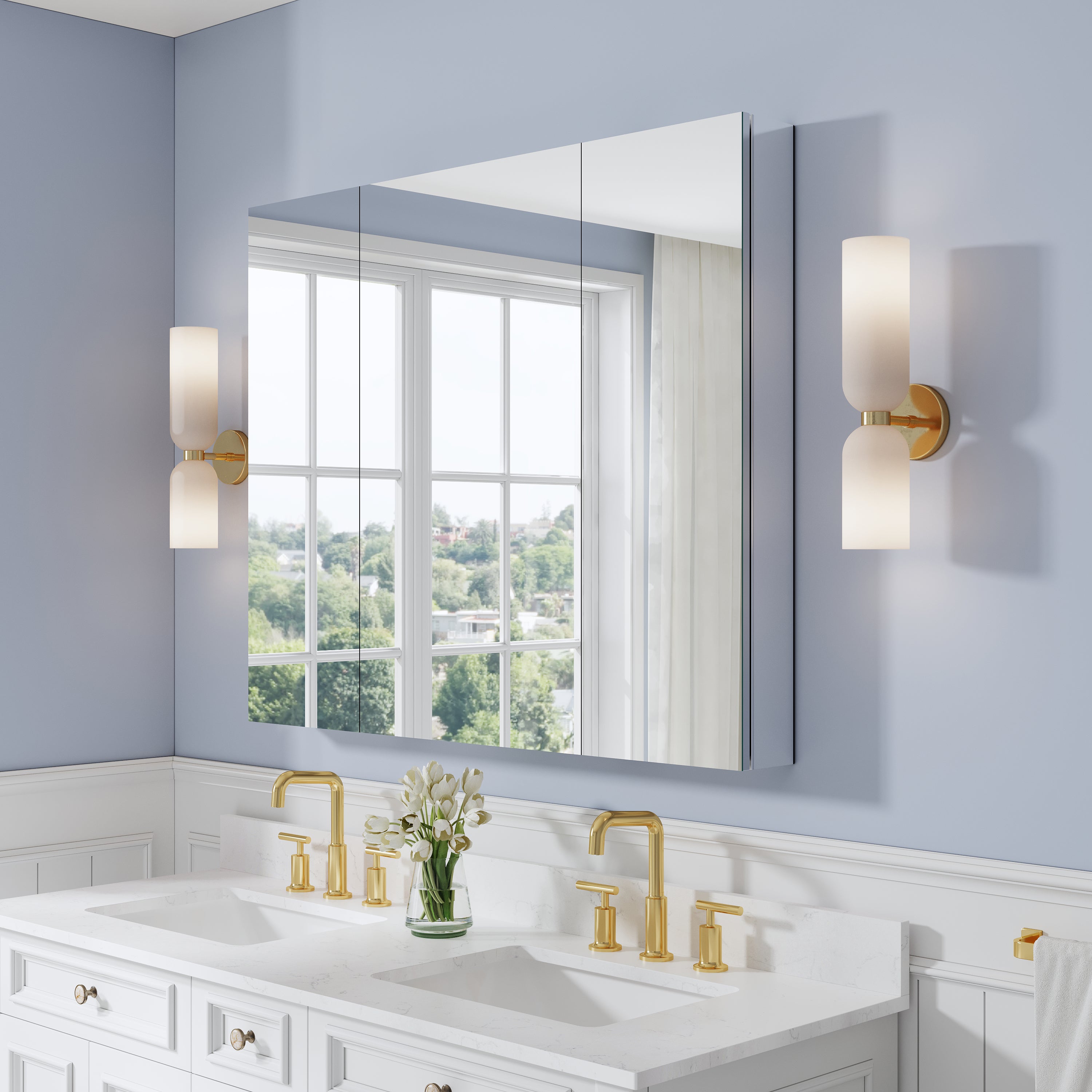 44 in. ×36 in. Copper-Free Tri-Views Mirror Medicine Cabinet with Adjustable Shelves and 3 Doors