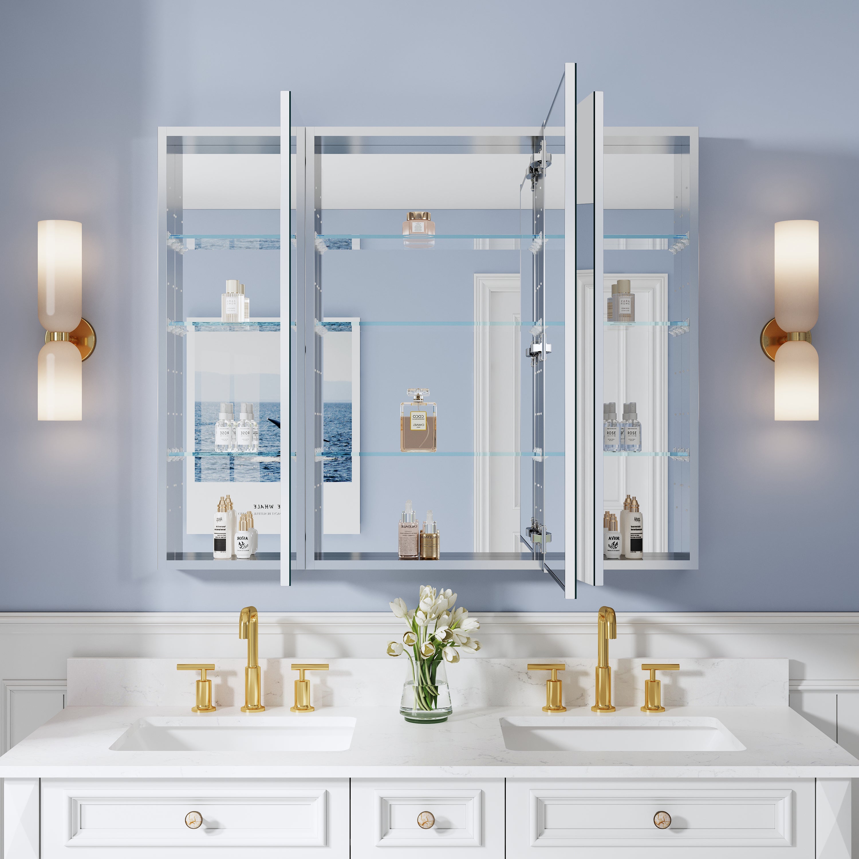 44 in. ×36 in. Copper-Free Tri-Views Mirror Medicine Cabinet with Adjustable Shelves and 3 Doors