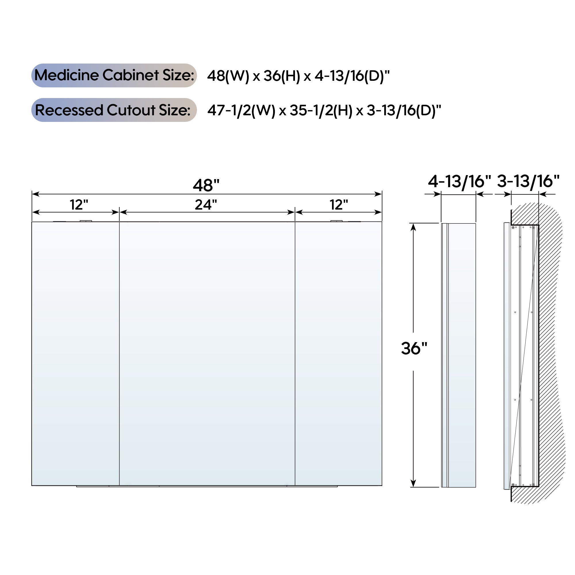 48 in. ×36 in. Copper-Free Tri-Views Mirror Medicine Cabinet with Adjustable Shelves and 3 Doors