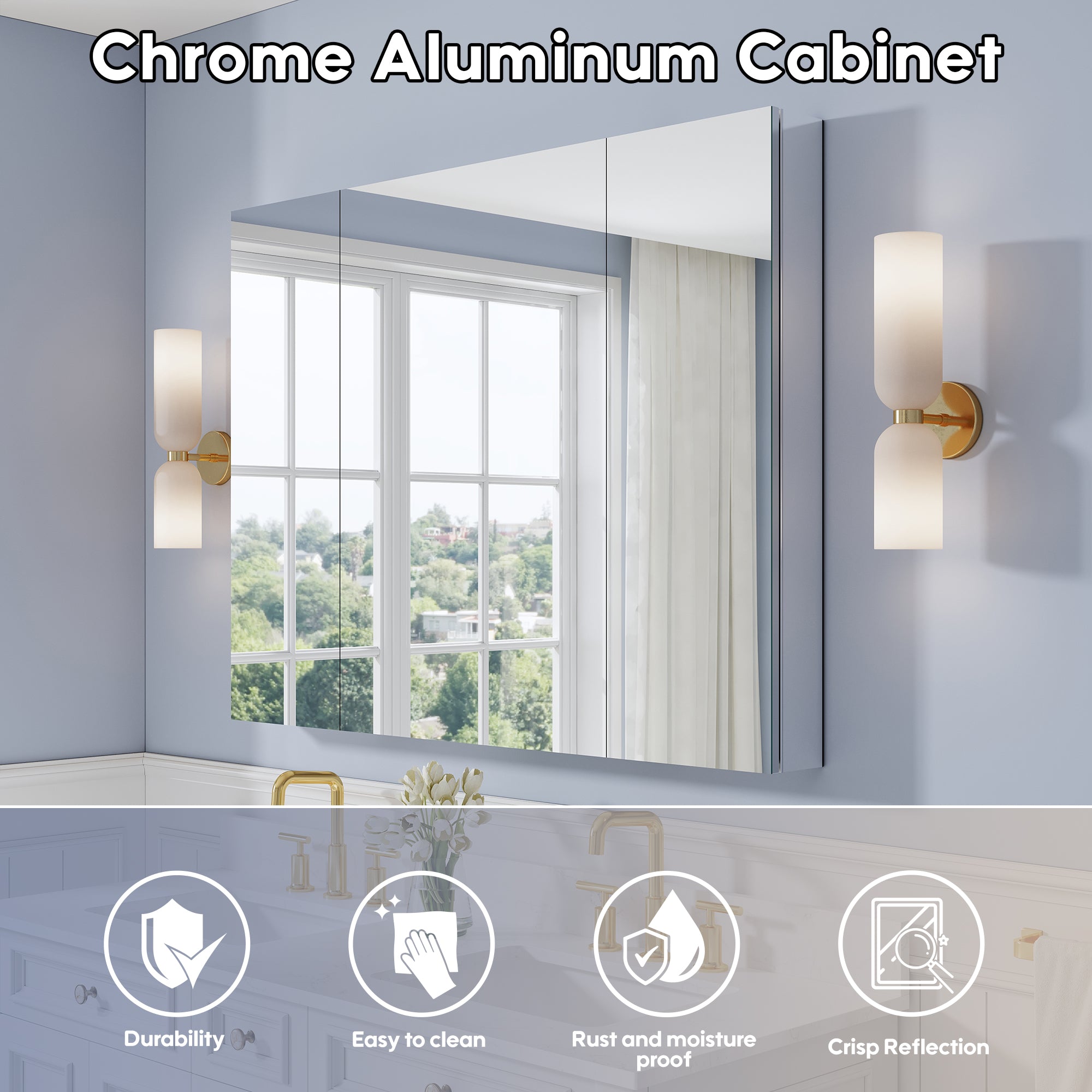 48 in. ×36 in. Copper-Free Tri-Views Mirror Medicine Cabinet with Adjustable Shelves and 3 Doors