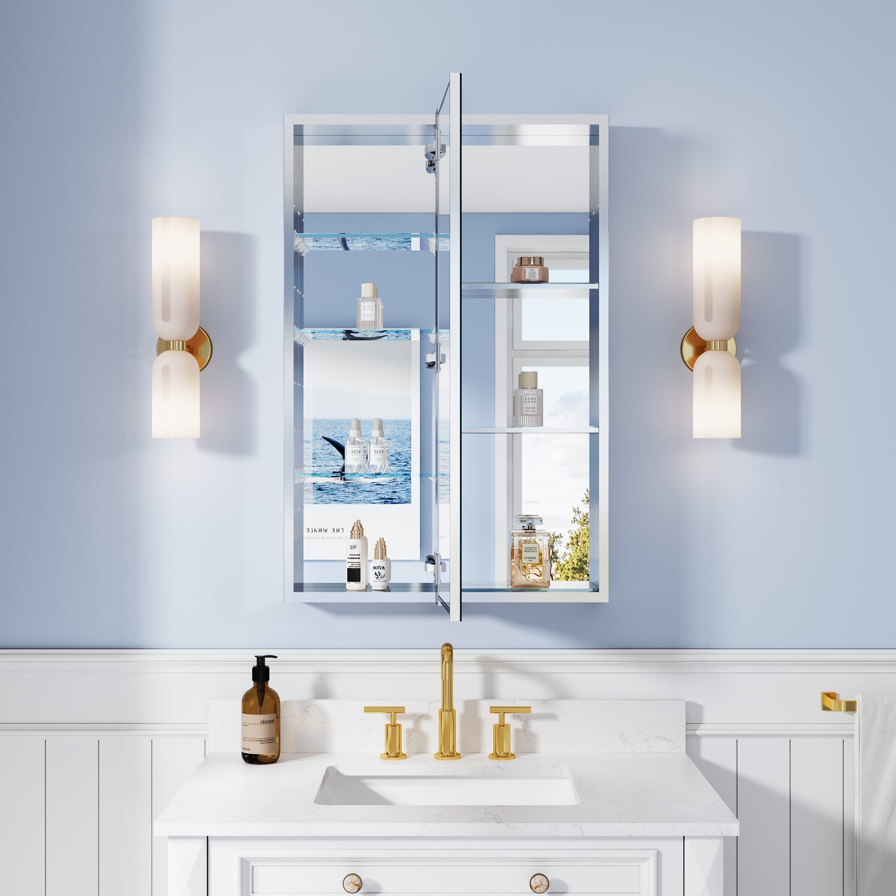 24 in. ×36 in. Bathroom Medicine Cabinet Set with Copper-Free Tri-View Mirror and Open Side Cabinet, Recessed or Surface Mount