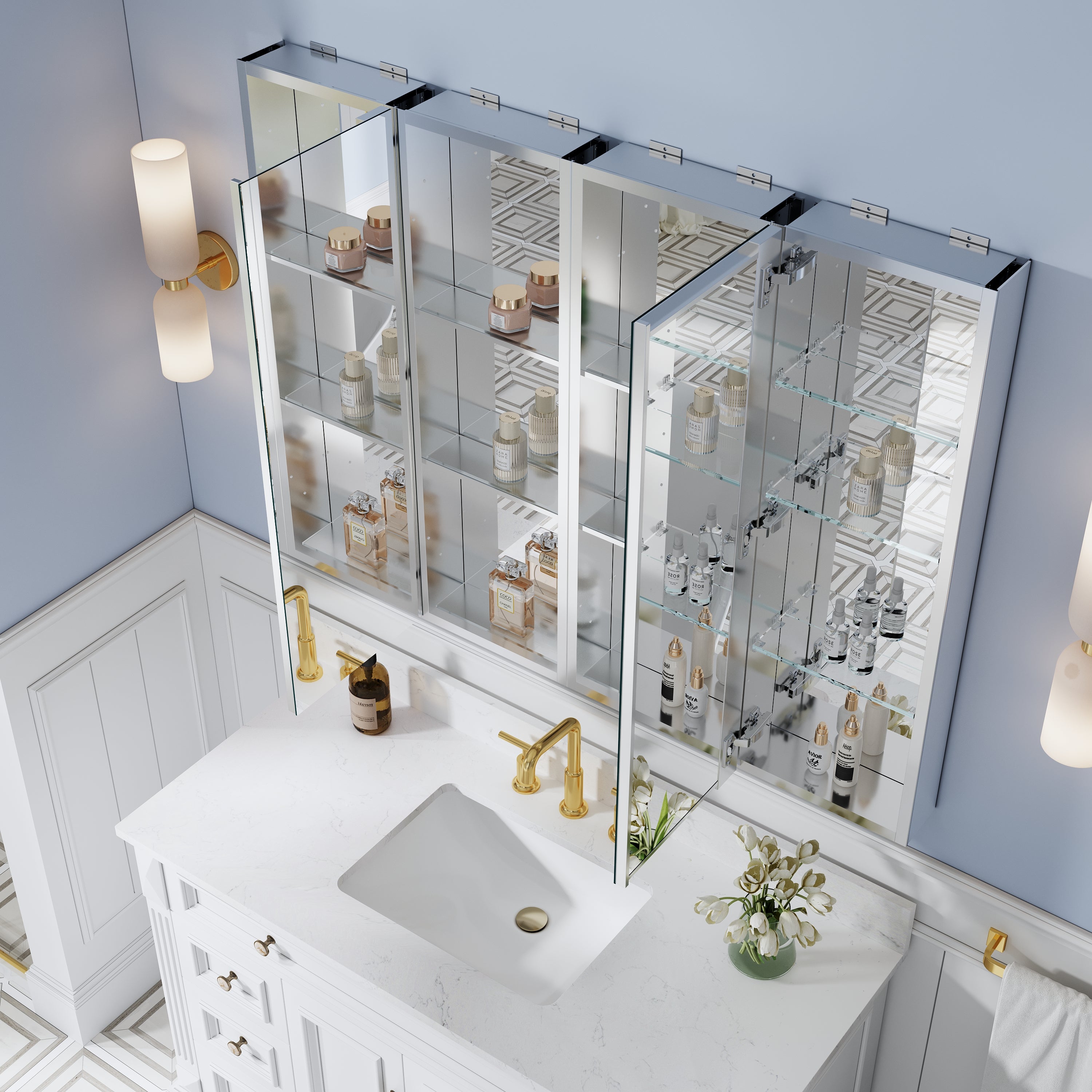 48 in. ×36 in. Bathroom Medicine Cabinet Set with Copper-Free Tri-View Mirror and Open Side Cabinet, Recessed or Surface Mount