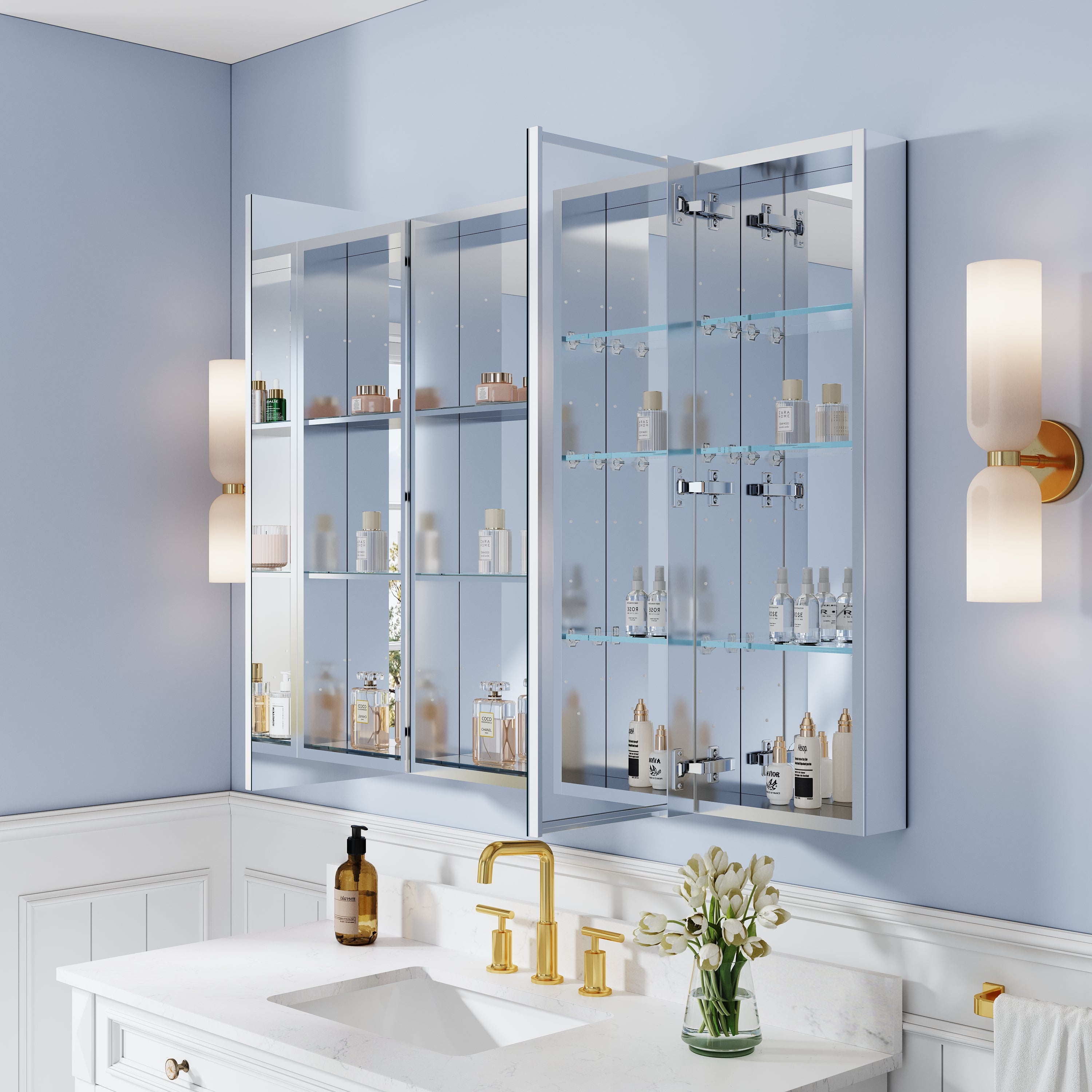 48 in. ×36 in. Bathroom Medicine Cabinet Set with Copper-Free Tri-View Mirror and Open Side Cabinet, Recessed or Surface Mount