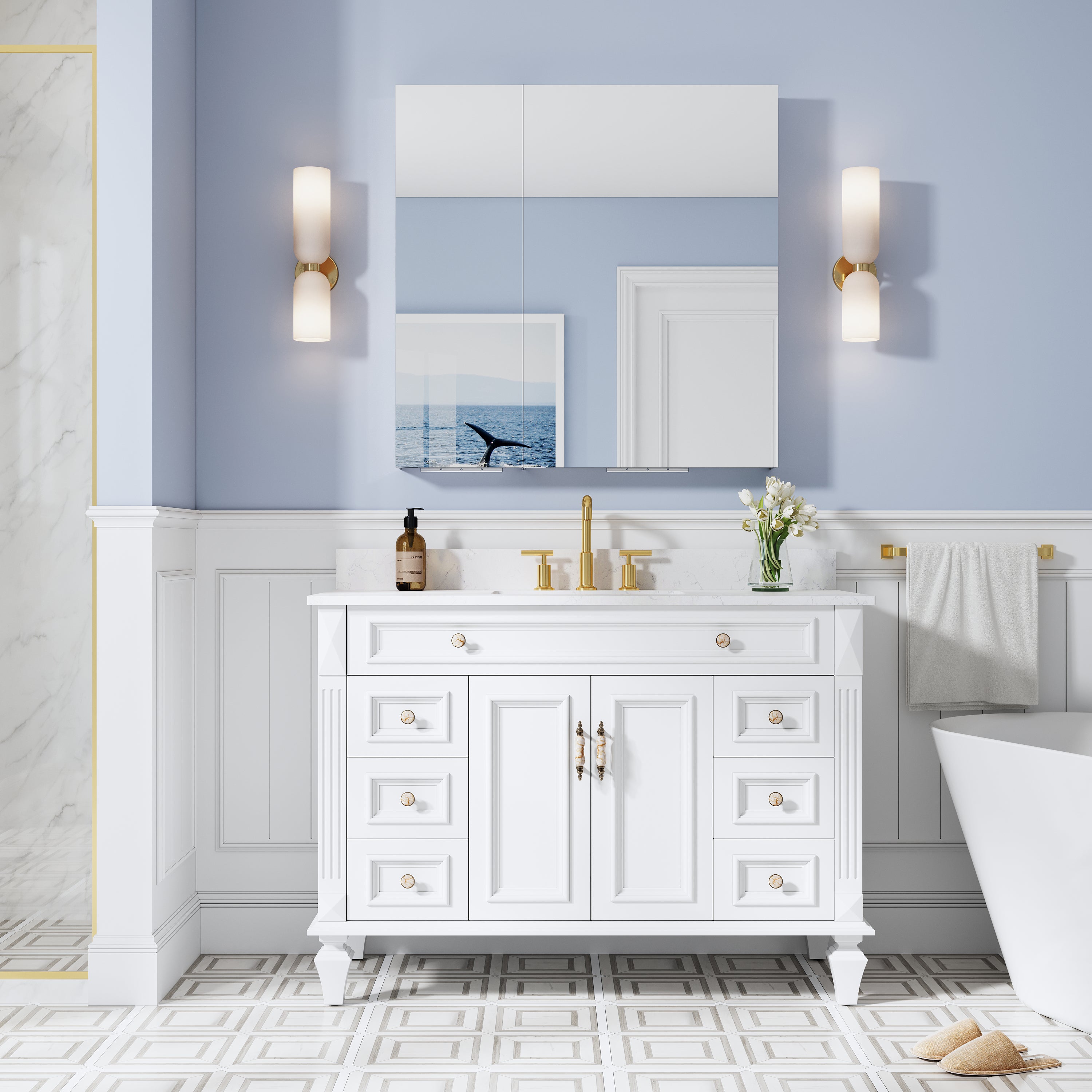 36 in. ×36 in. Copper-Free Tri-Views Mirror Medicine Cabinet with Adjustable Shelves and Dual Swing Doors