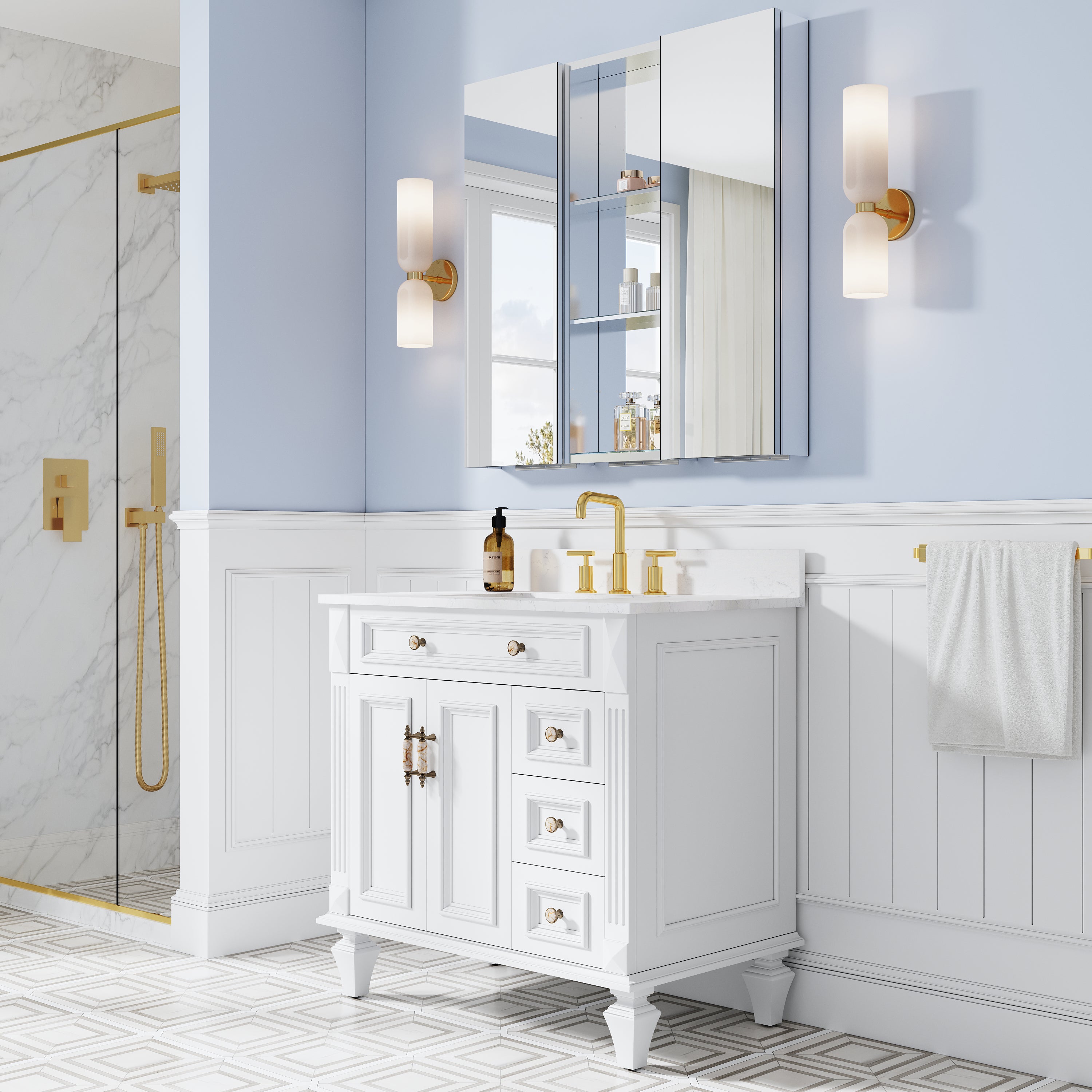 36 in. ×36 in. Bathroom Medicine Cabinet Set with Copper-Free Tri-View Mirror and Open Side Cabinet, Recessed or Surface Mount