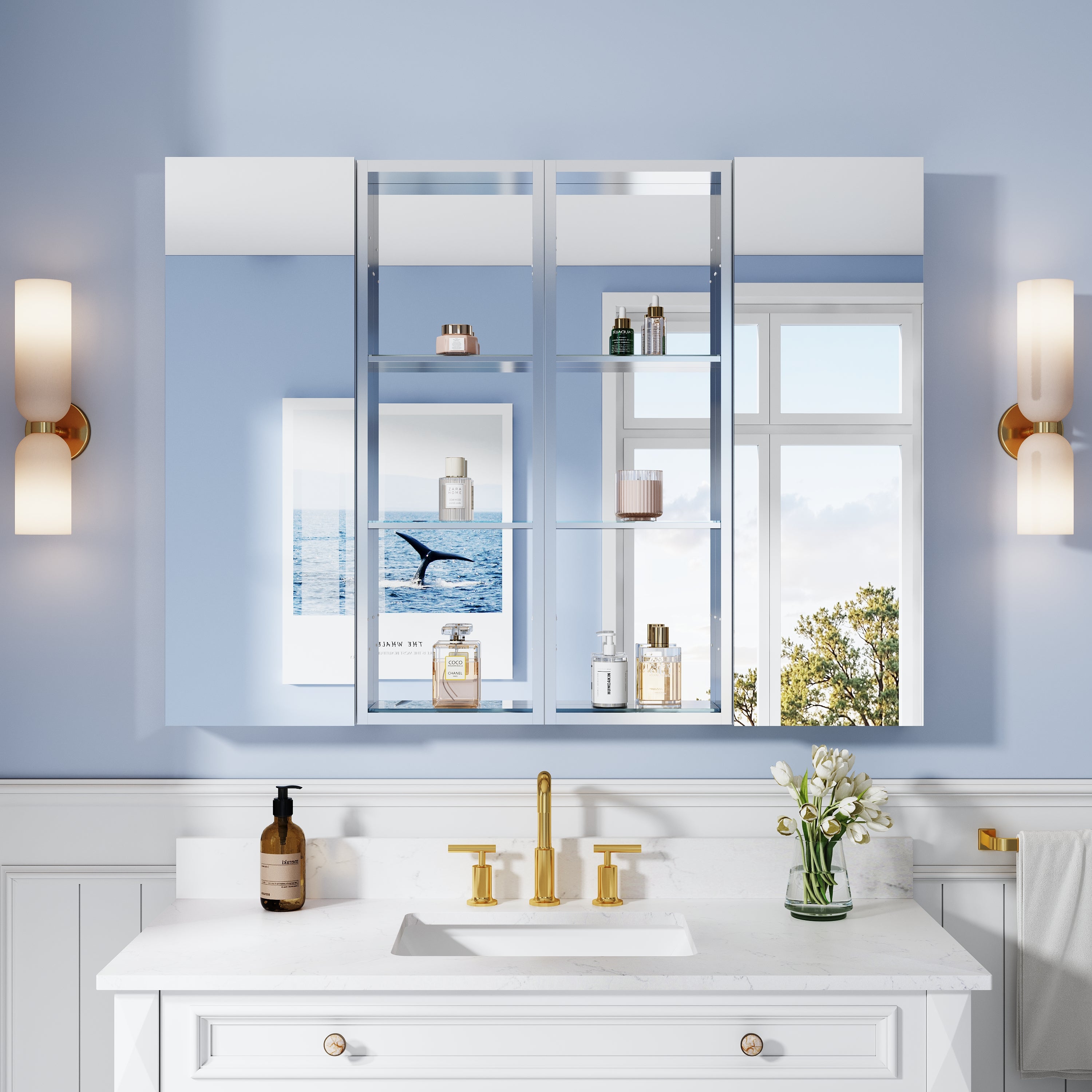 48 in. ×36 in. Bathroom Medicine Cabinet Set with Copper-Free Tri-View Mirror and Open Side Cabinet, Recessed or Surface Mount