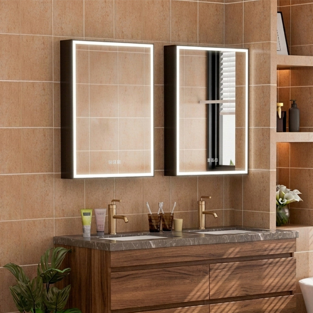 2-Pack 20 in. x 30 in. Black Aluminum Medicine Cabinet with Mirror and LED Light, Left+Right