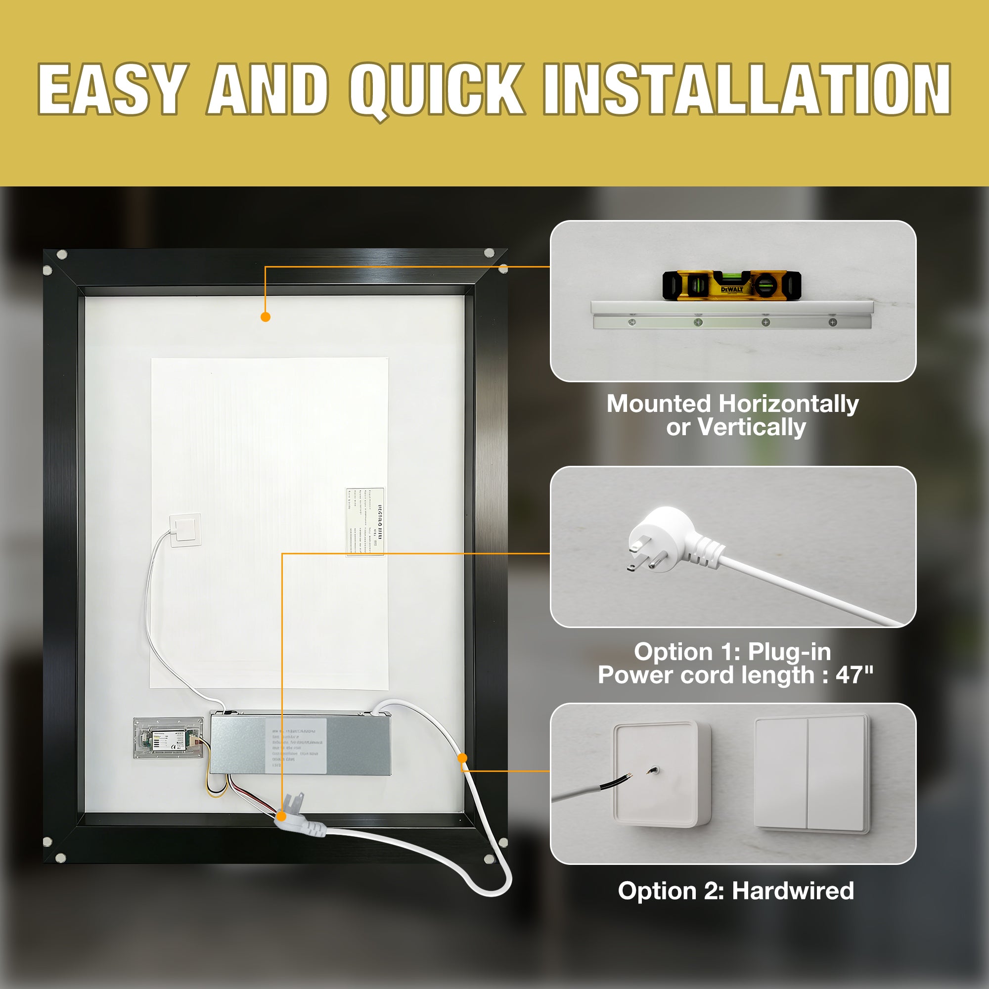 22 in. W x 34 in. Aluminum Framed LED Bathroom Mirror - Anti-Fog, Dimmable, Smart Memory, Matte Black