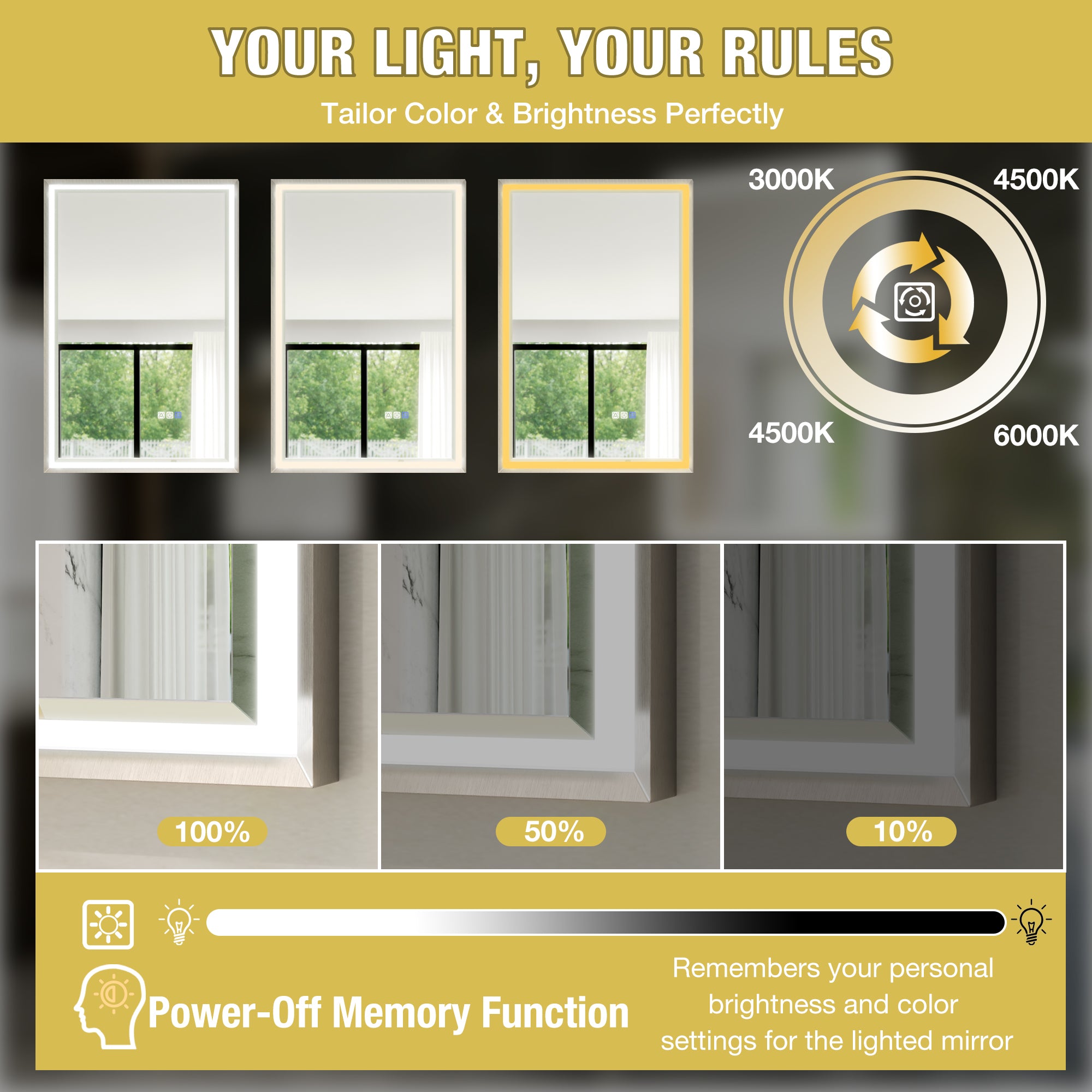 22 in. W x 34 in. Aluminum Framed LED Bathroom Mirror - Anti-Fog, Dimmable, Smart Memory, Brushed Nickel