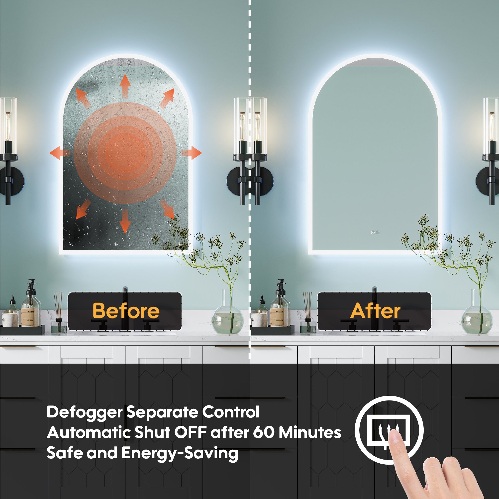 24x36 Inch Frameless LED Bathroom Vanity Mirror Arched Top-Dimmable, Anti-Fog, Wall-Mounted