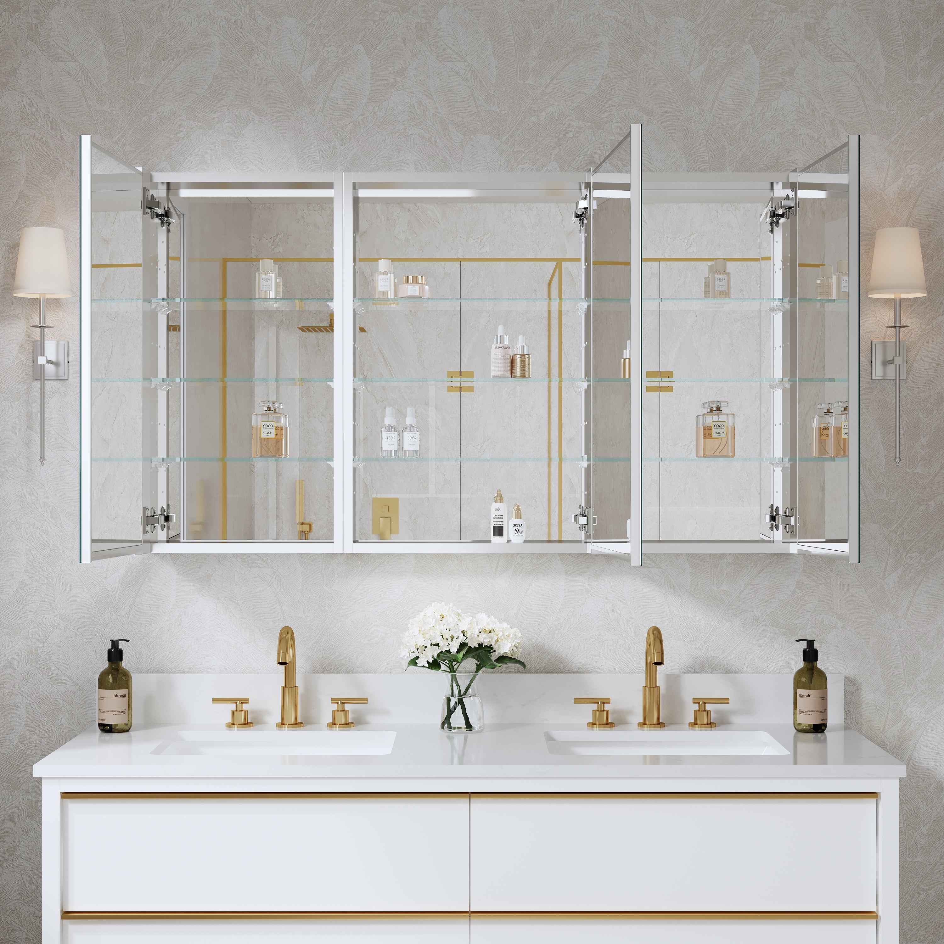 52 in. ×30 in. Copper-Free Tri-Views Mirror Medicine Cabinet with Adjustable Shelves and 3 Doors