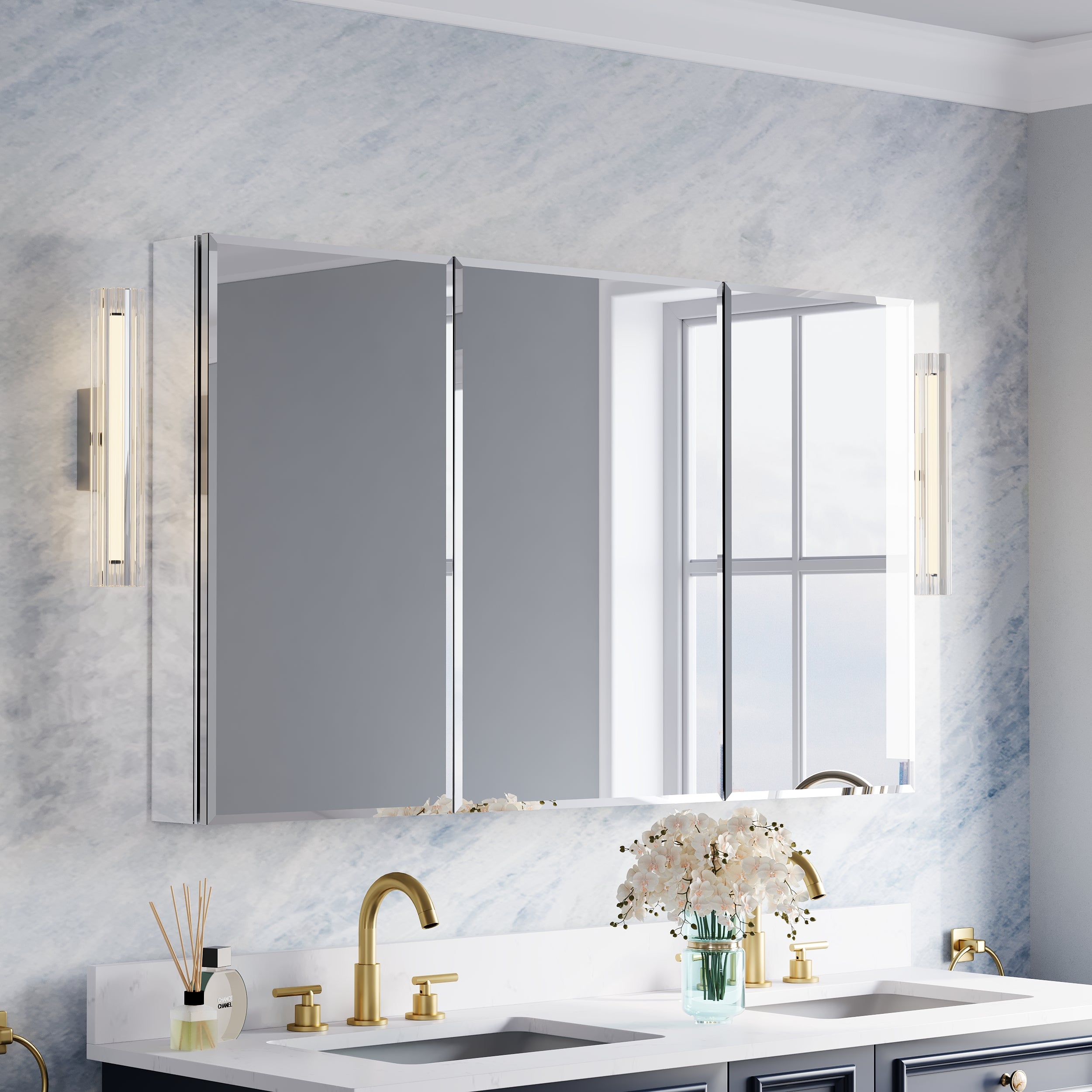 52 in.×30 in.H Aluminum Copper-Free Mirror Medicine Cabinet with Beveled Mirror Door, Recessed or Surface Mount, Adjustable Shelves