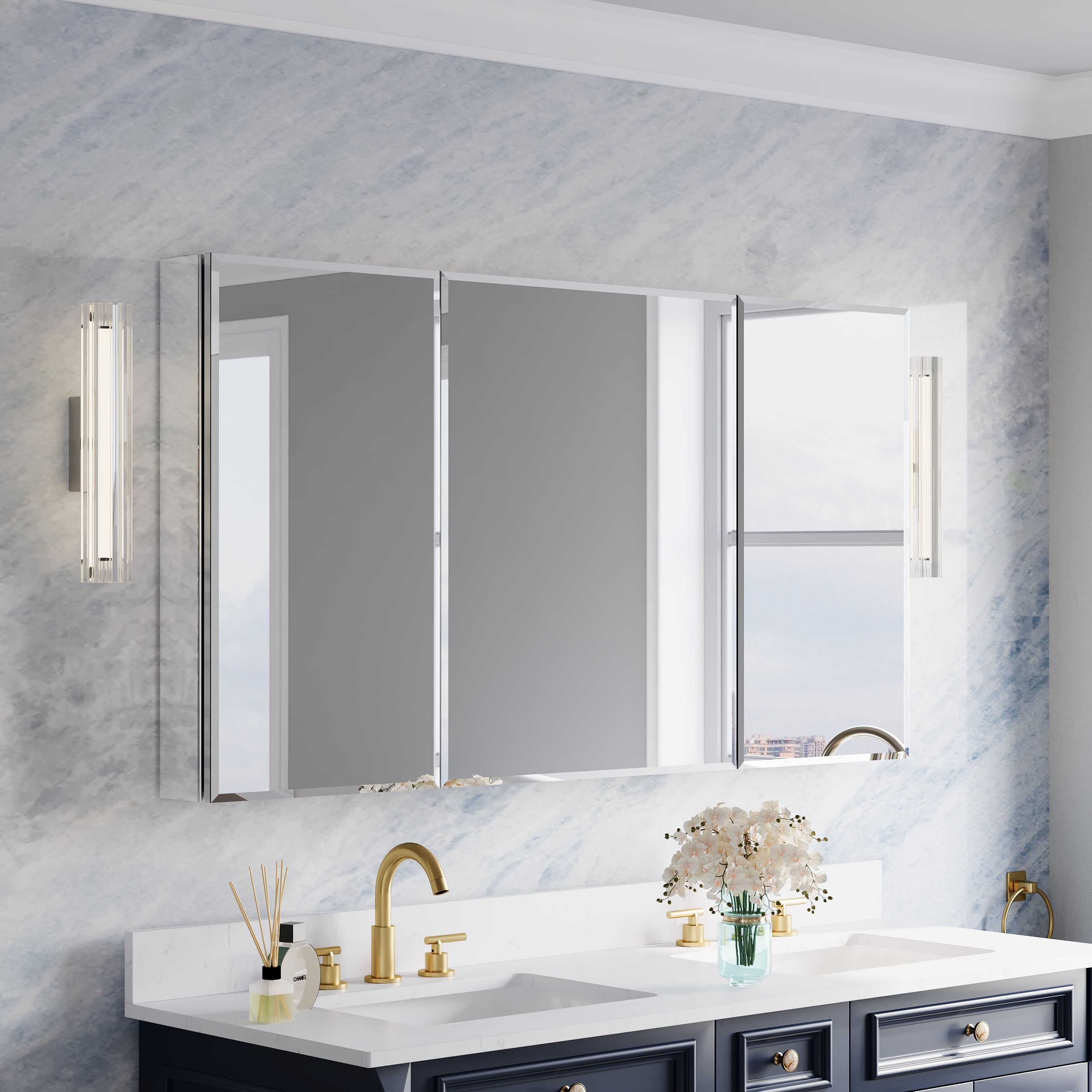 56 in.×30 in.H Aluminum Copper-Free Mirror Medicine Cabinet with Beveled Mirror Door, Soft-Close Blum® Hinges, 9 Adjustable Shelves