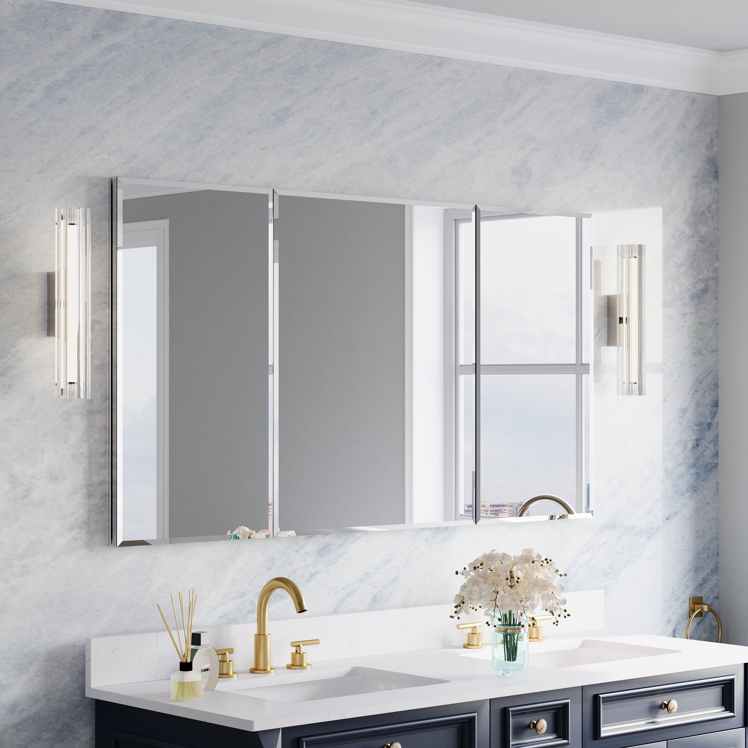 56 in.×30 in.H Aluminum Copper-Free Mirror Medicine Cabinet with Beveled Mirror Door, Soft-Close Blum® Hinges, 9 Adjustable Shelves