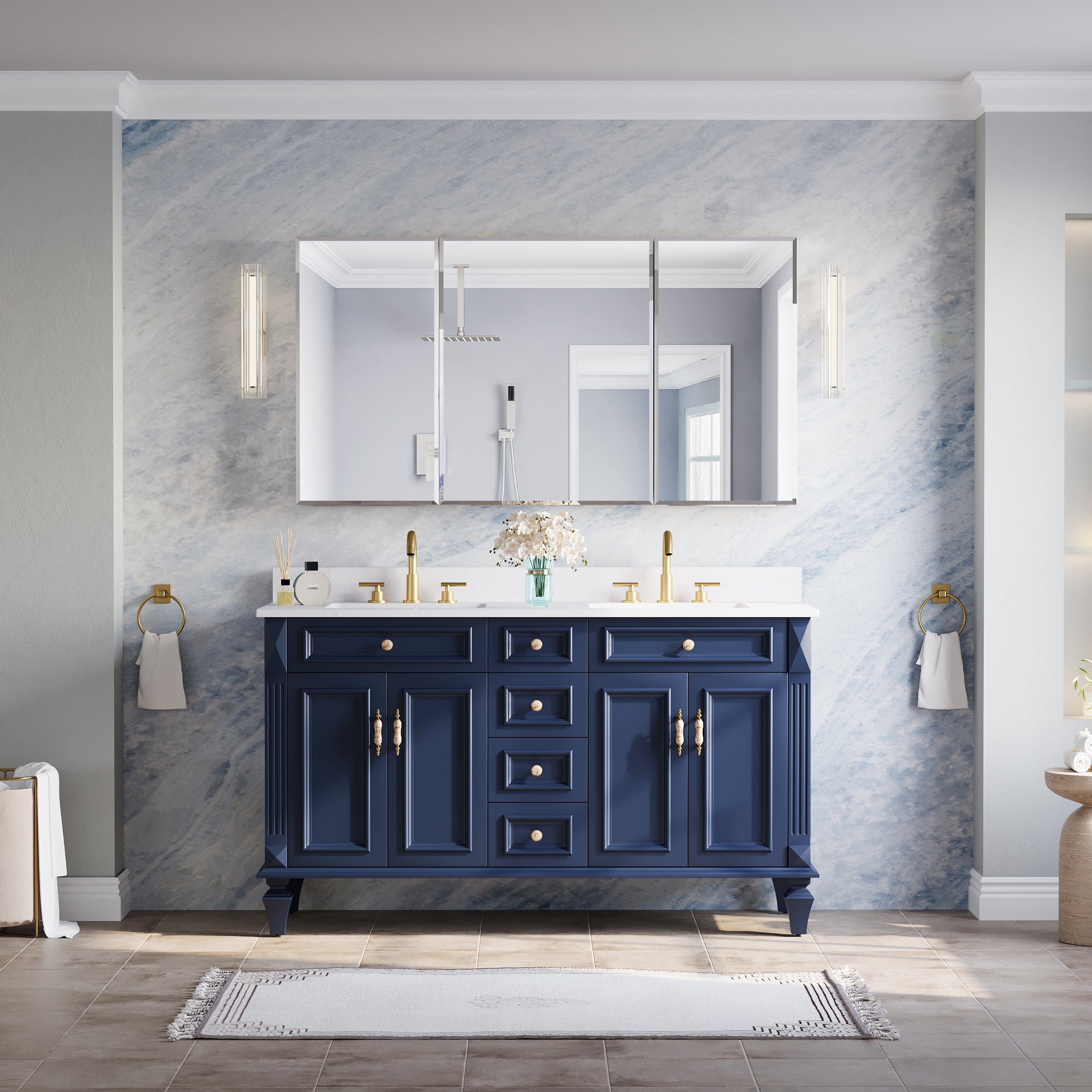 56 in.×30 in.H Aluminum Copper-Free Mirror Medicine Cabinet with Beveled Mirror Door, Soft-Close Blum® Hinges, 9 Adjustable Shelves