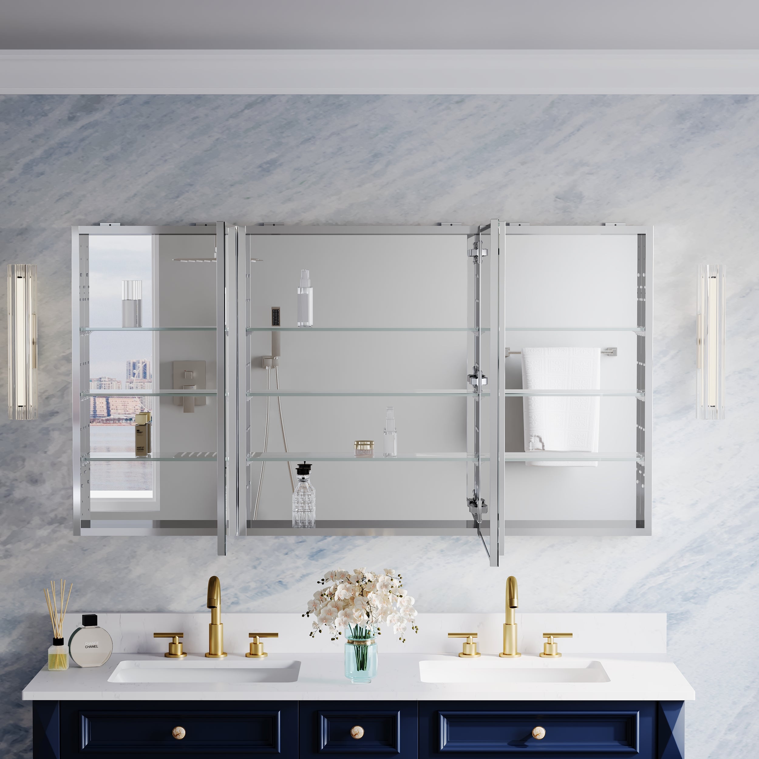 56 in.×30 in.H Aluminum Copper-Free Mirror Medicine Cabinet with Beveled Mirror Door, Soft-Close Blum® Hinges, 9 Adjustable Shelves