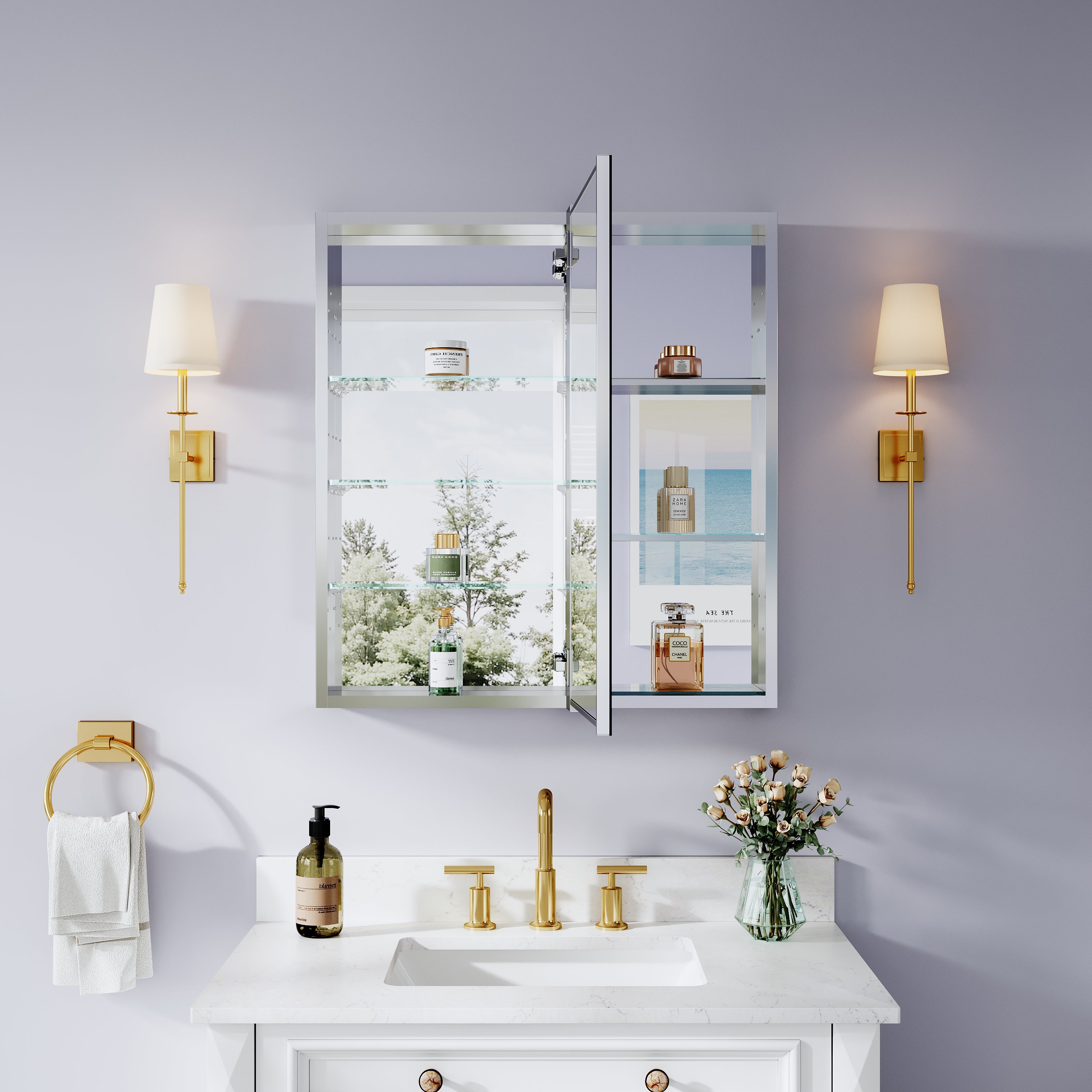 28 in. ×30 in. Bathroom Medicine Cabinet Set with Copper-Free Tri-View Mirror and Open Side Cabinet, Recessed or Surface Mount