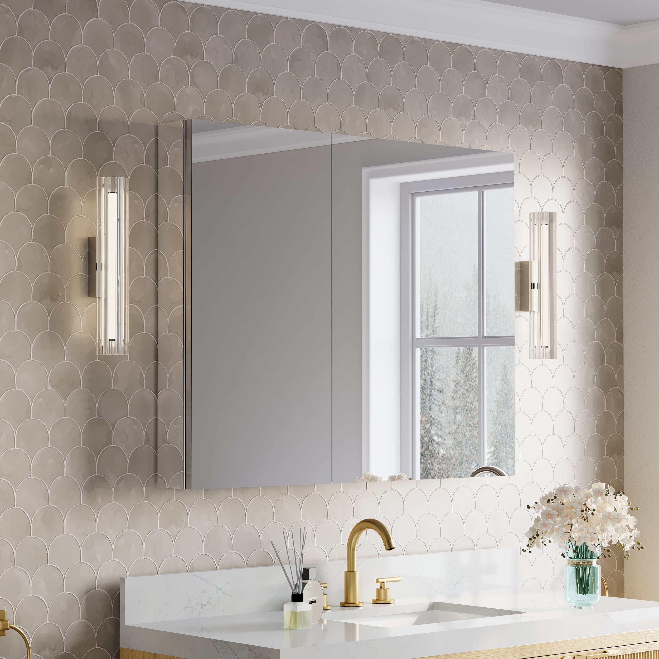 40 in.×32 in.H Aluminum Copper-Free Mirror Medicine Cabinet with Soft-Close Blum® Hinges and Recessed/Surface Mount