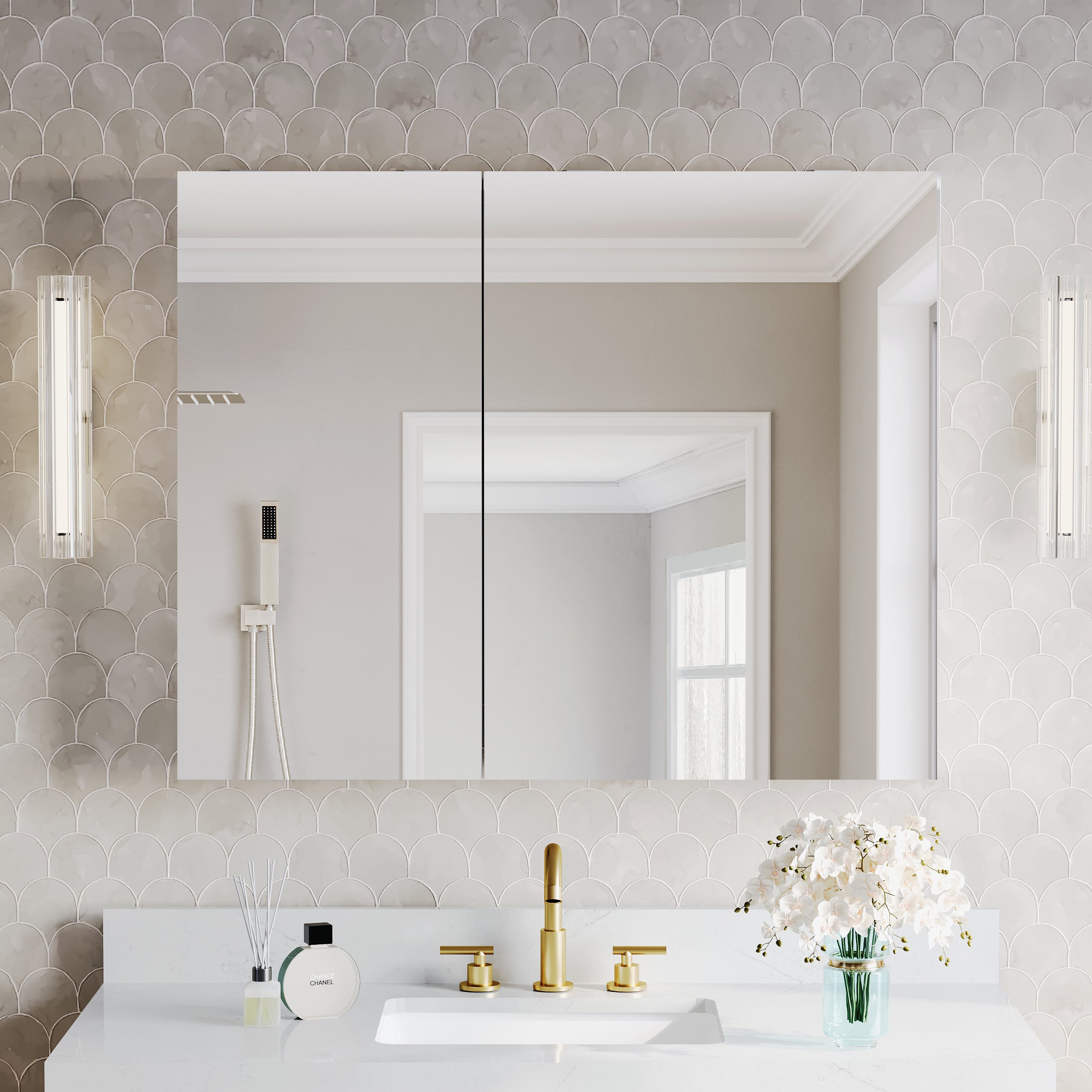 40 in.×32 in.H Aluminum Copper-Free Mirror Medicine Cabinet with Soft-Close Blum® Hinges and Recessed/Surface Mount