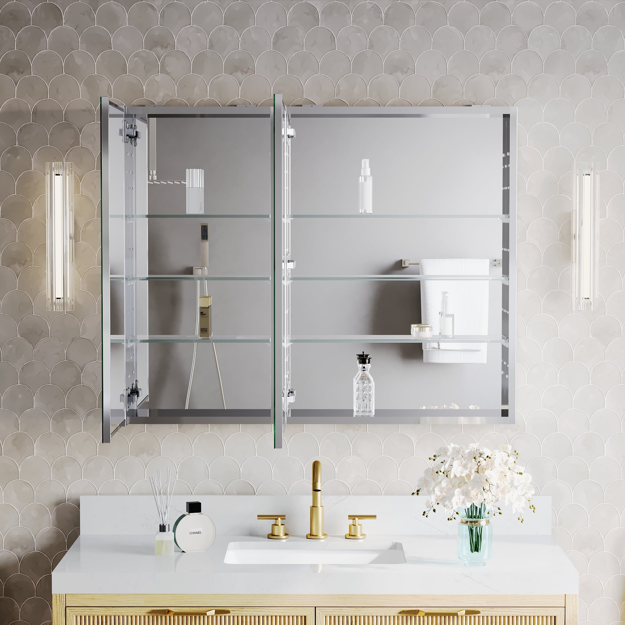 40 in.×32 in.H Aluminum Copper-Free Mirror Medicine Cabinet with Soft-Close Blum® Hinges and Recessed/Surface Mount