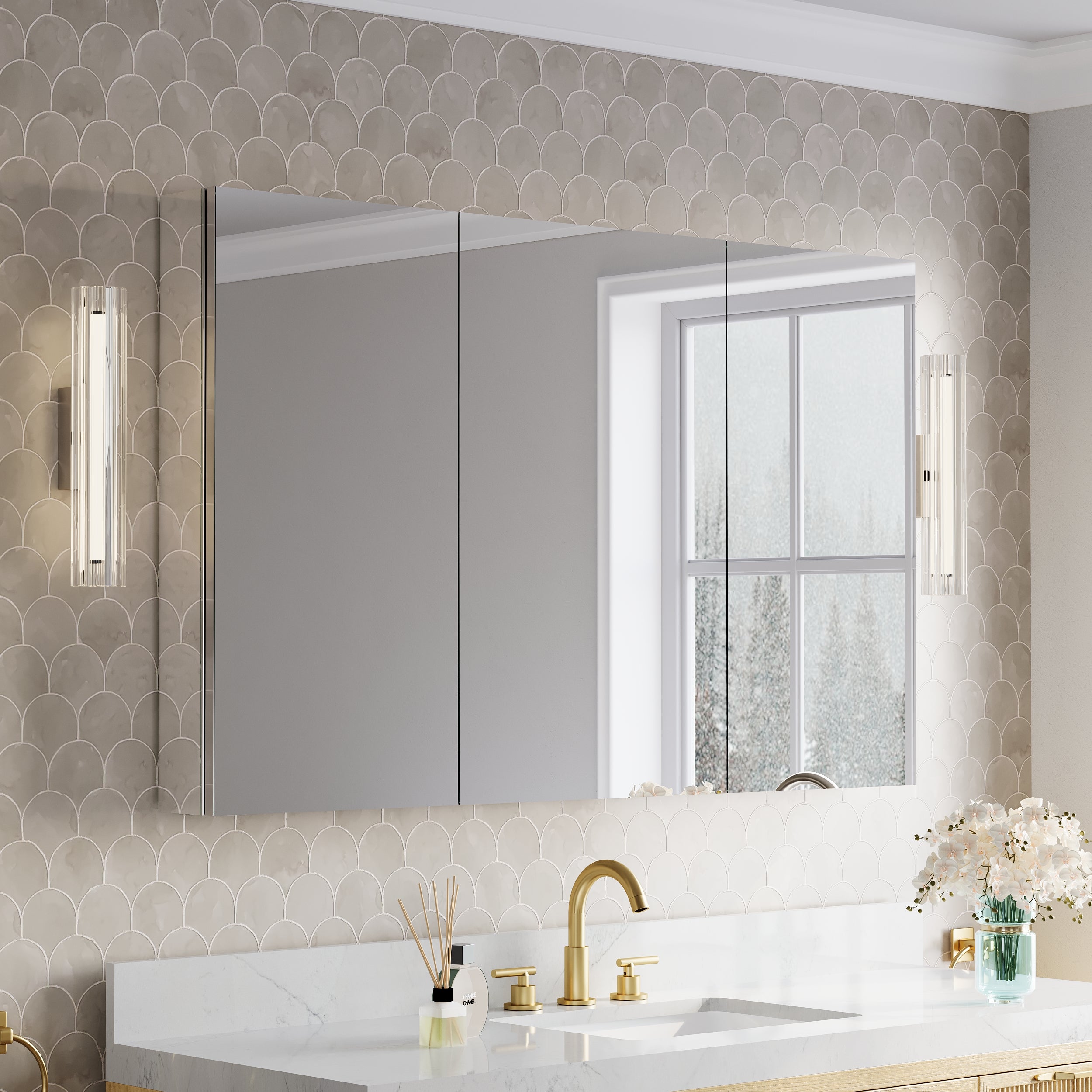 52 in.×32 in.H Copper-Free Mirror Medicine Cabinet with Soft-Close Blum® Hinges and Recessed/Surface Mount