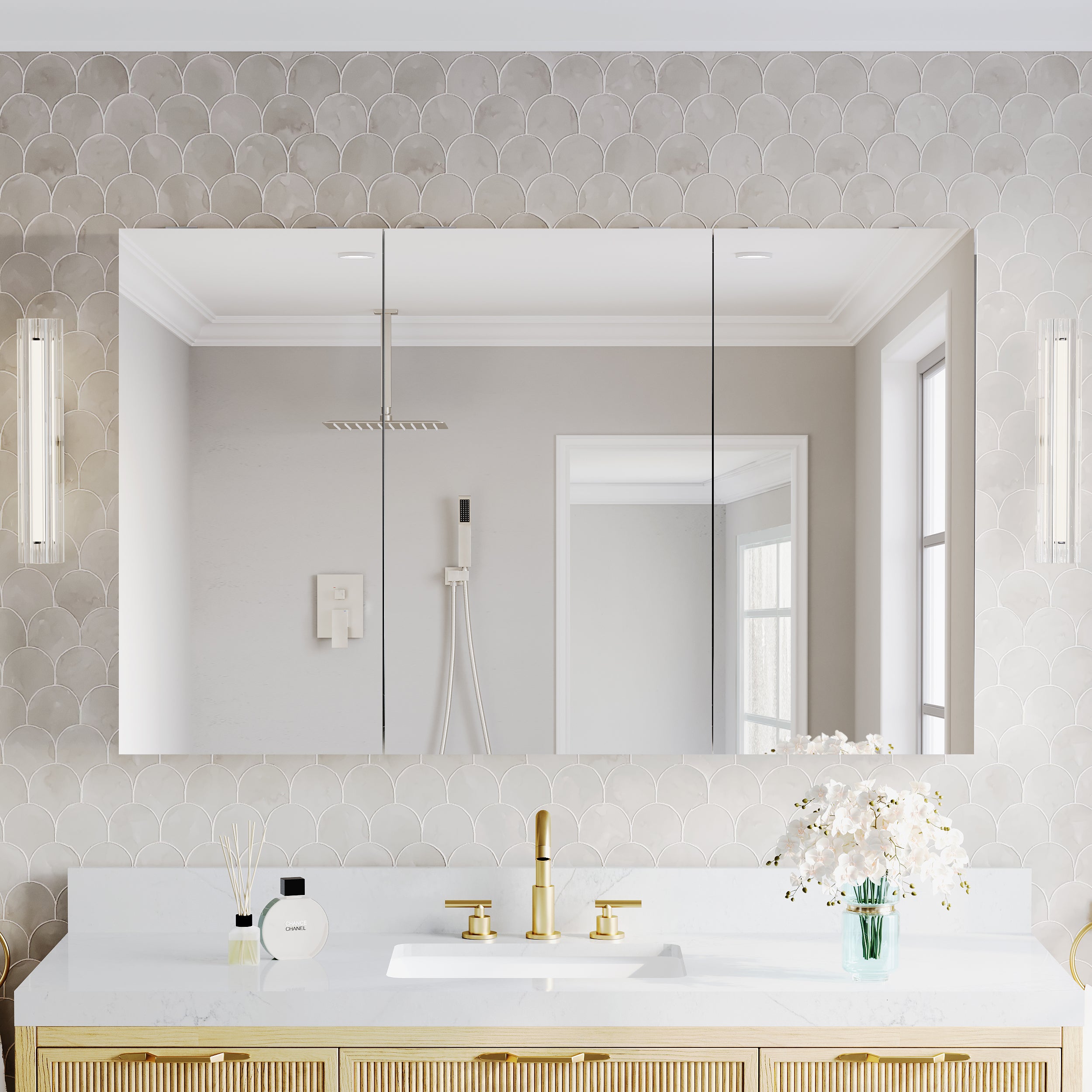 56 in.×32 in.H Aluminum Copper-Free Mirror Medicine Cabinet with Soft-Close Blum® Hinges and Recessed/Surface Mount