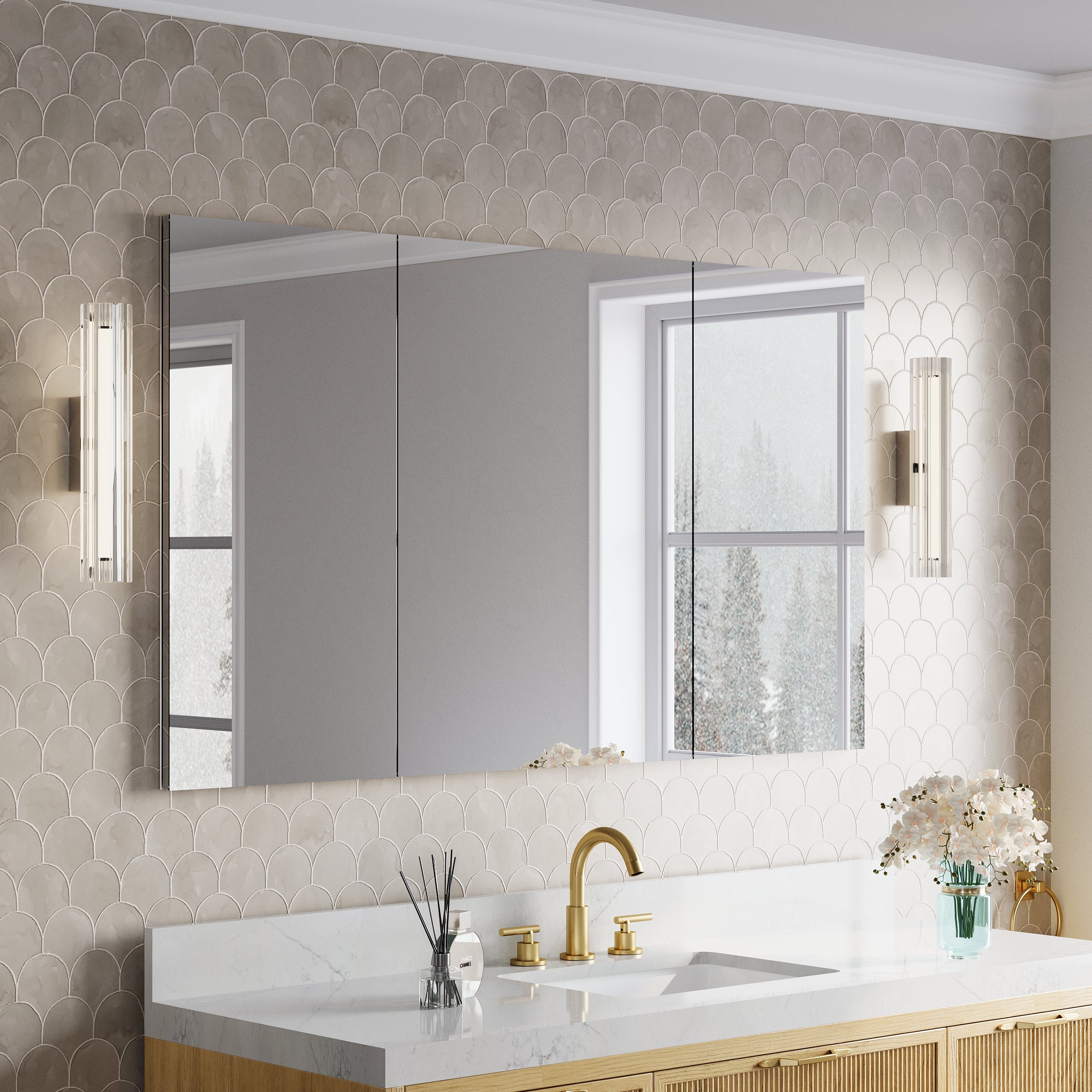 56 in.×32 in.H Aluminum Copper-Free Mirror Medicine Cabinet with Soft-Close Blum® Hinges and Recessed/Surface Mount