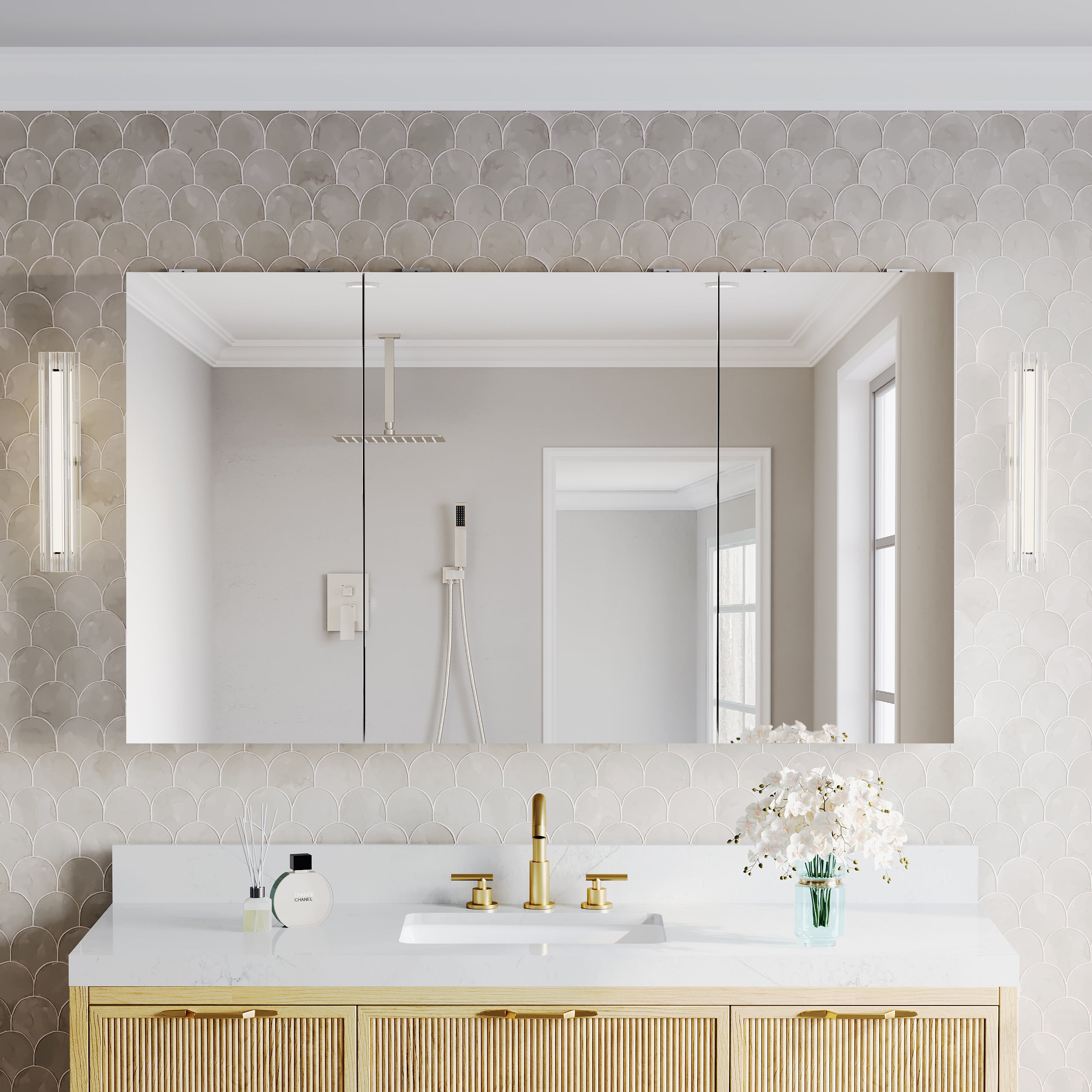 56 in.×32 in.H Aluminum Copper-Free Mirror Medicine Cabinet with Soft-Close Blum® Hinges and Recessed/Surface Mount