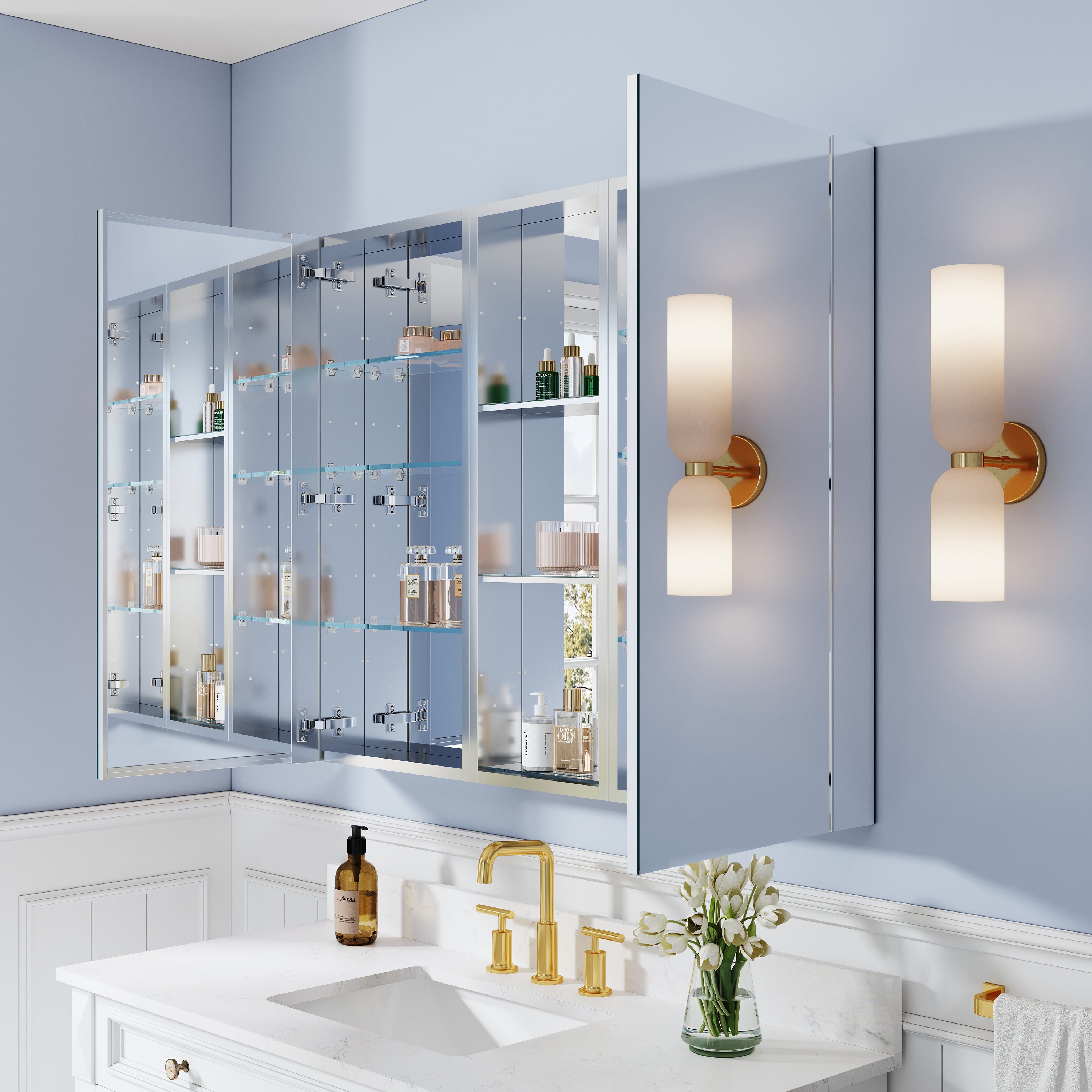 44 in. ×36 in. Bathroom Medicine Cabinet Set with Copper-Free Tri-View Mirror and Open Side Cabinet, Recessed or Surface Mount