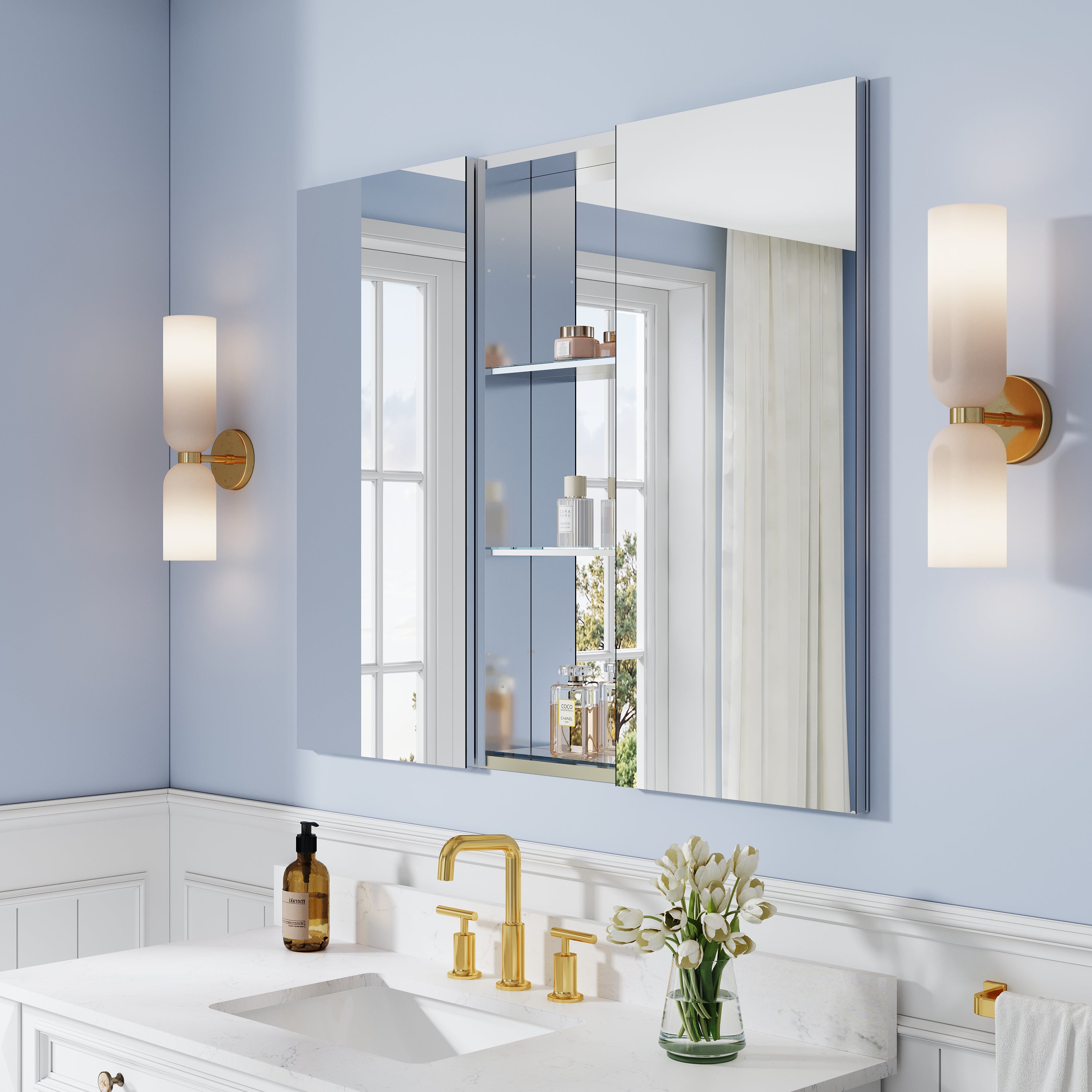 44 in. ×36 in. Bathroom Medicine Cabinet Set with Copper-Free Tri-View Mirror and Open Side Cabinet, Recessed or Surface Mount