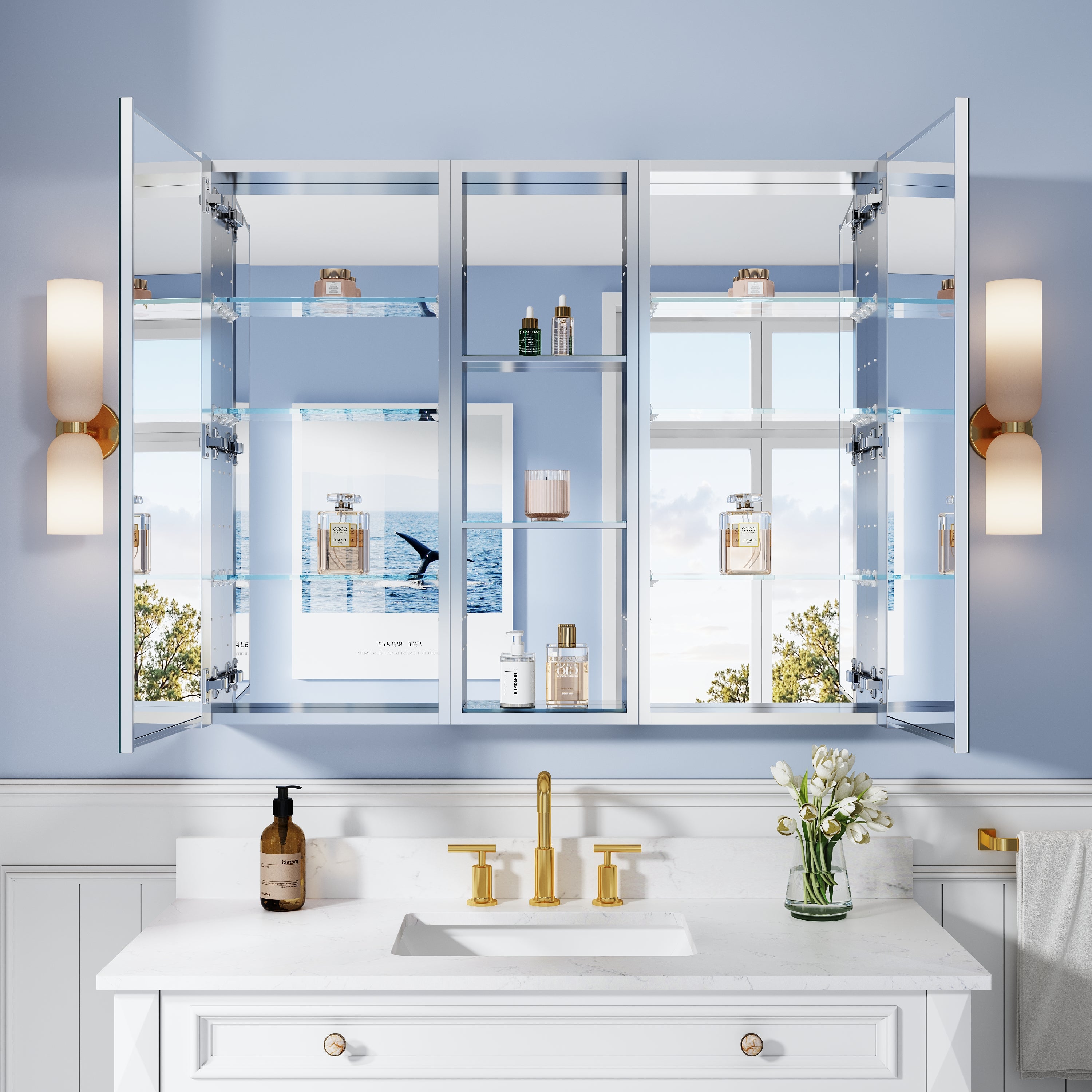 44 in. ×36 in. Bathroom Medicine Cabinet Set with Copper-Free Tri-View Mirror and Open Side Cabinet, Recessed or Surface Mount