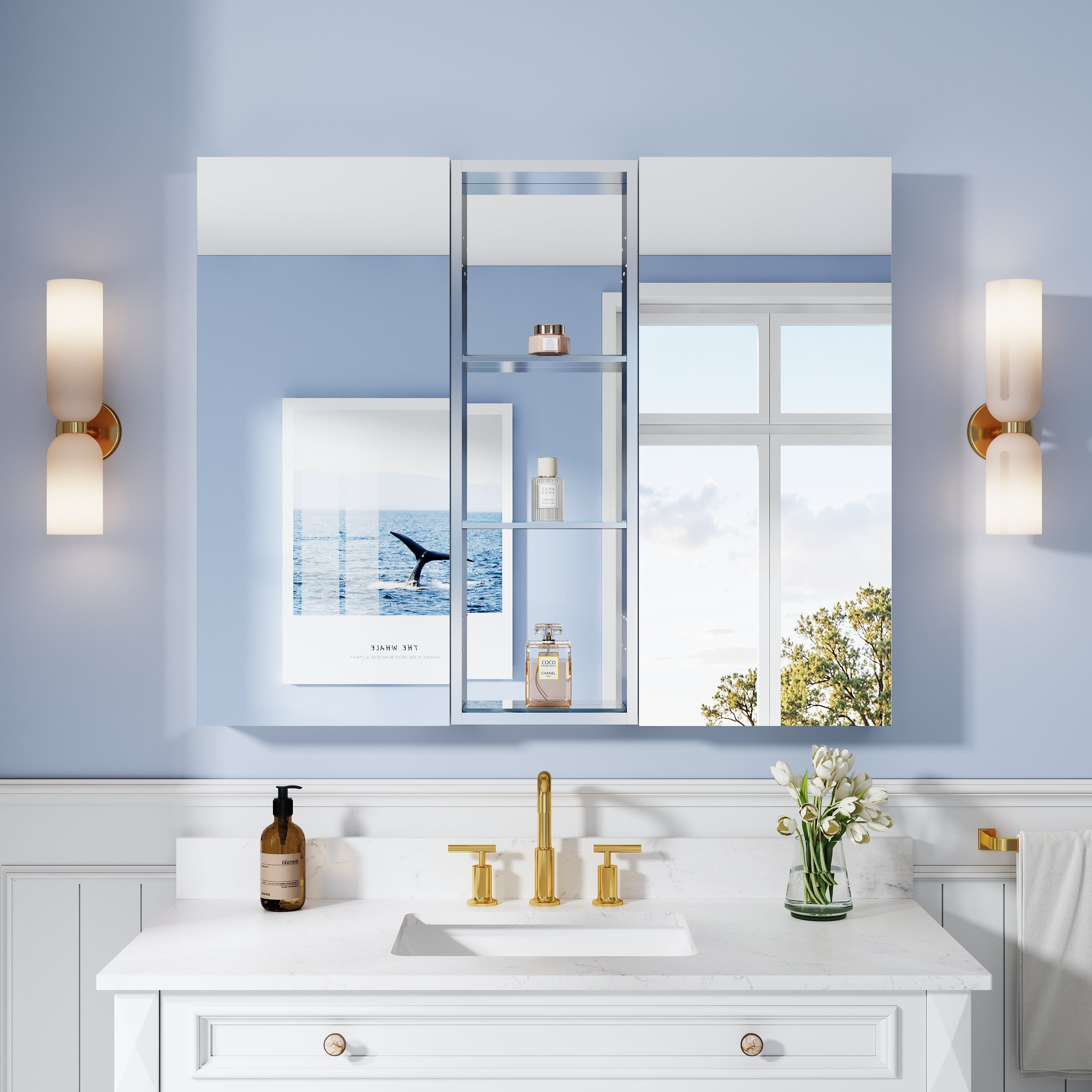 44 in. ×36 in. Bathroom Medicine Cabinet Set with Copper-Free Tri-View Mirror and Open Side Cabinet, Recessed or Surface Mount