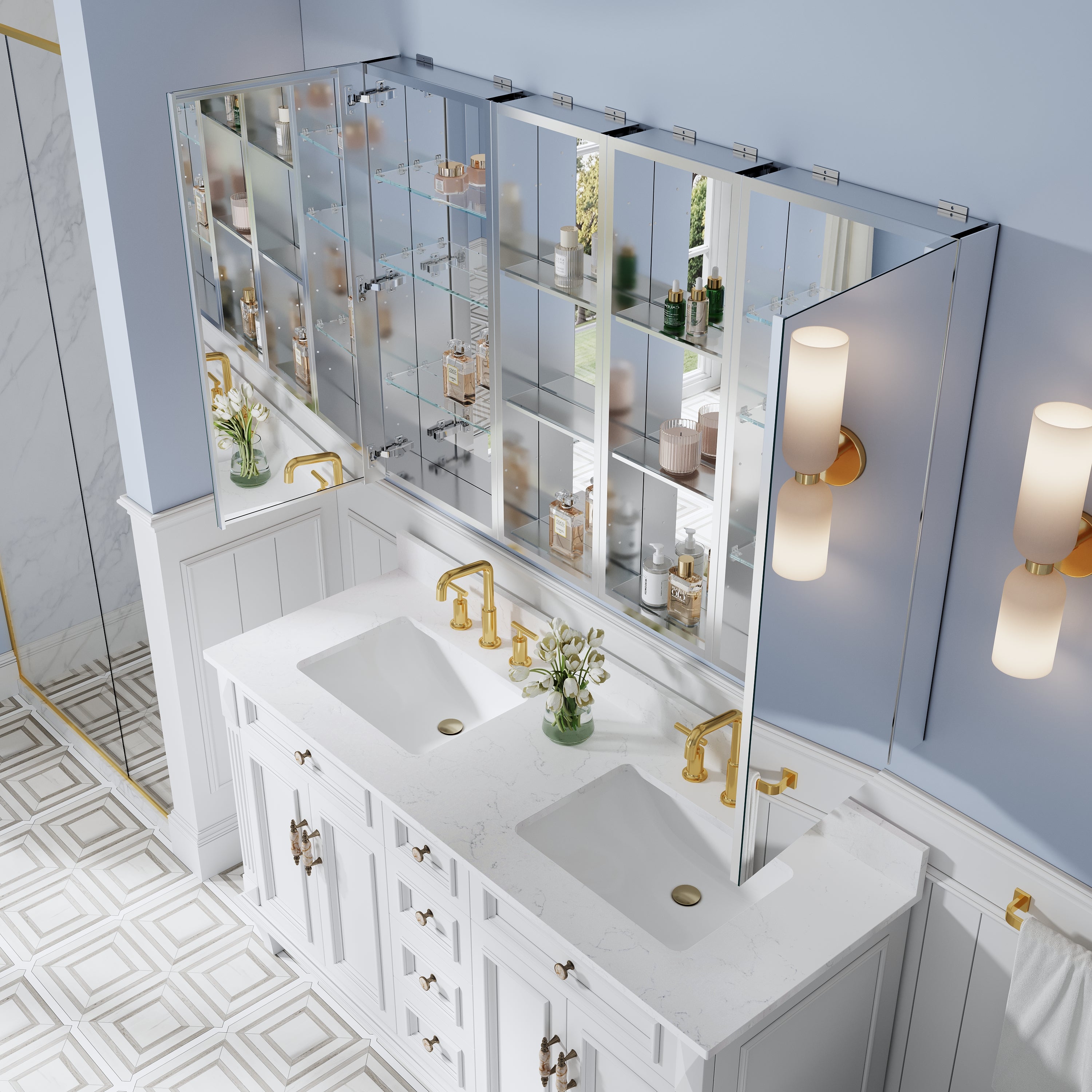 56 in. ×36 in. Bathroom Medicine Cabinet Set with Copper-Free Tri-View Mirror and Open Side Cabinet, Recessed or Surface Mount