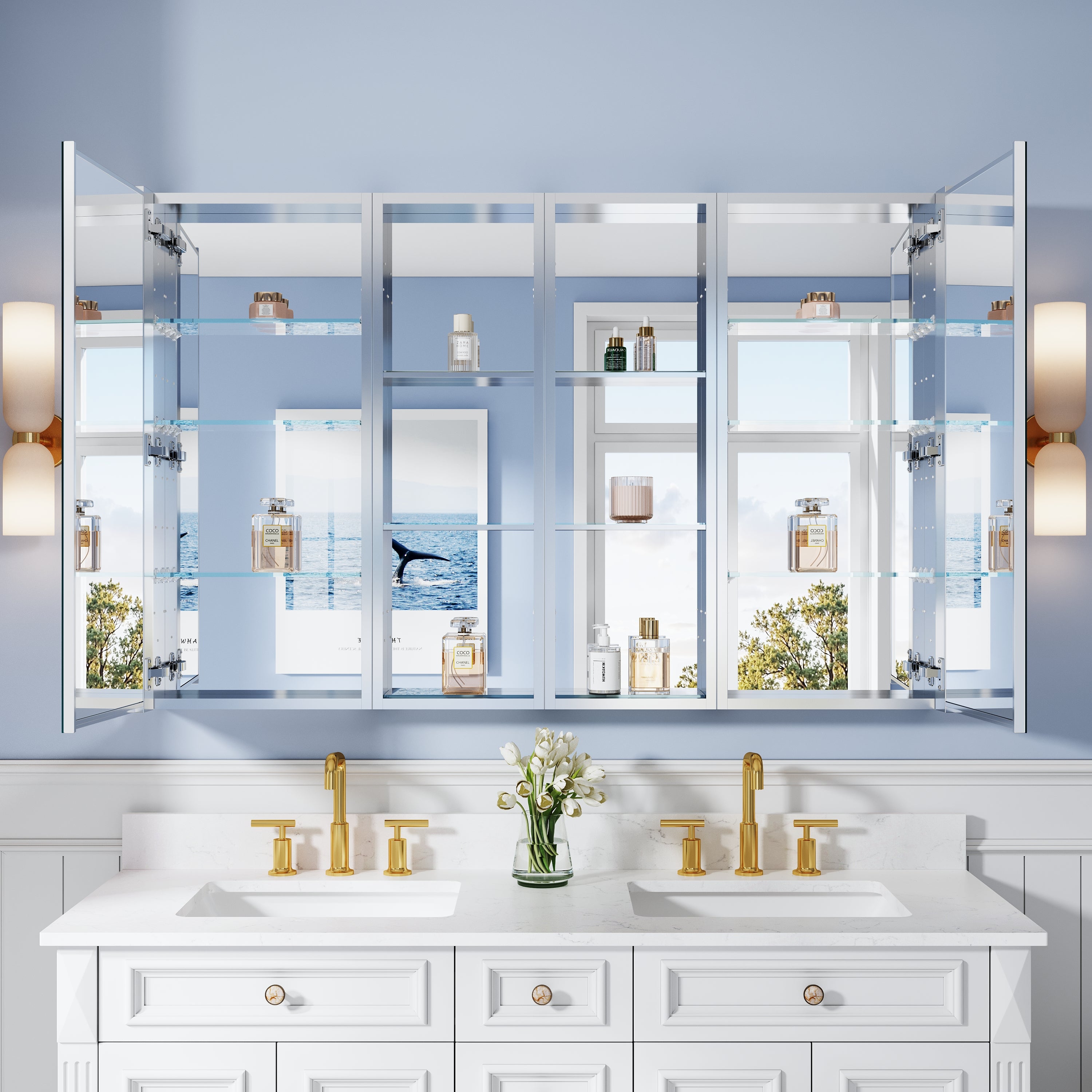 56 in. ×36 in. Bathroom Medicine Cabinet Set with Copper-Free Tri-View Mirror and Open Side Cabinet, Recessed or Surface Mount