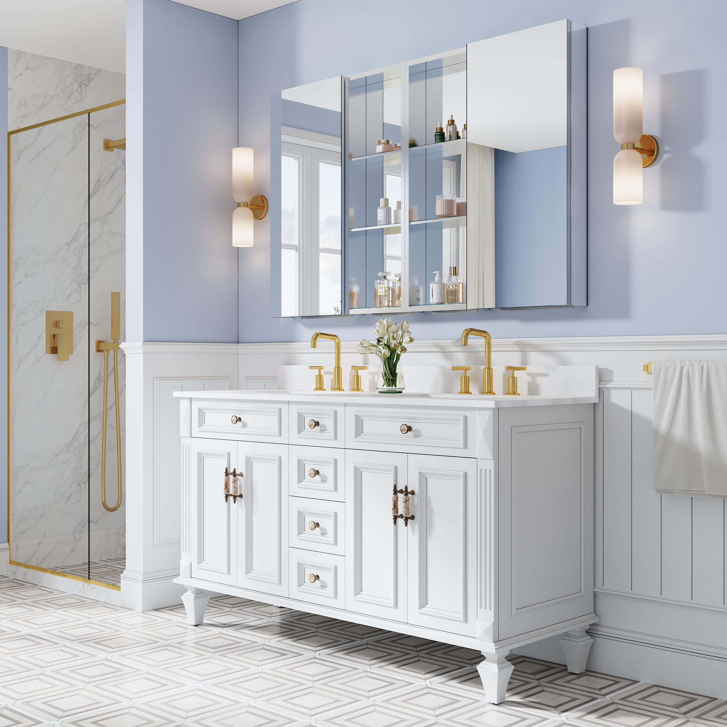 56 in. ×36 in. Bathroom Medicine Cabinet Set with Copper-Free Tri-View Mirror and Open Side Cabinet, Recessed or Surface Mount