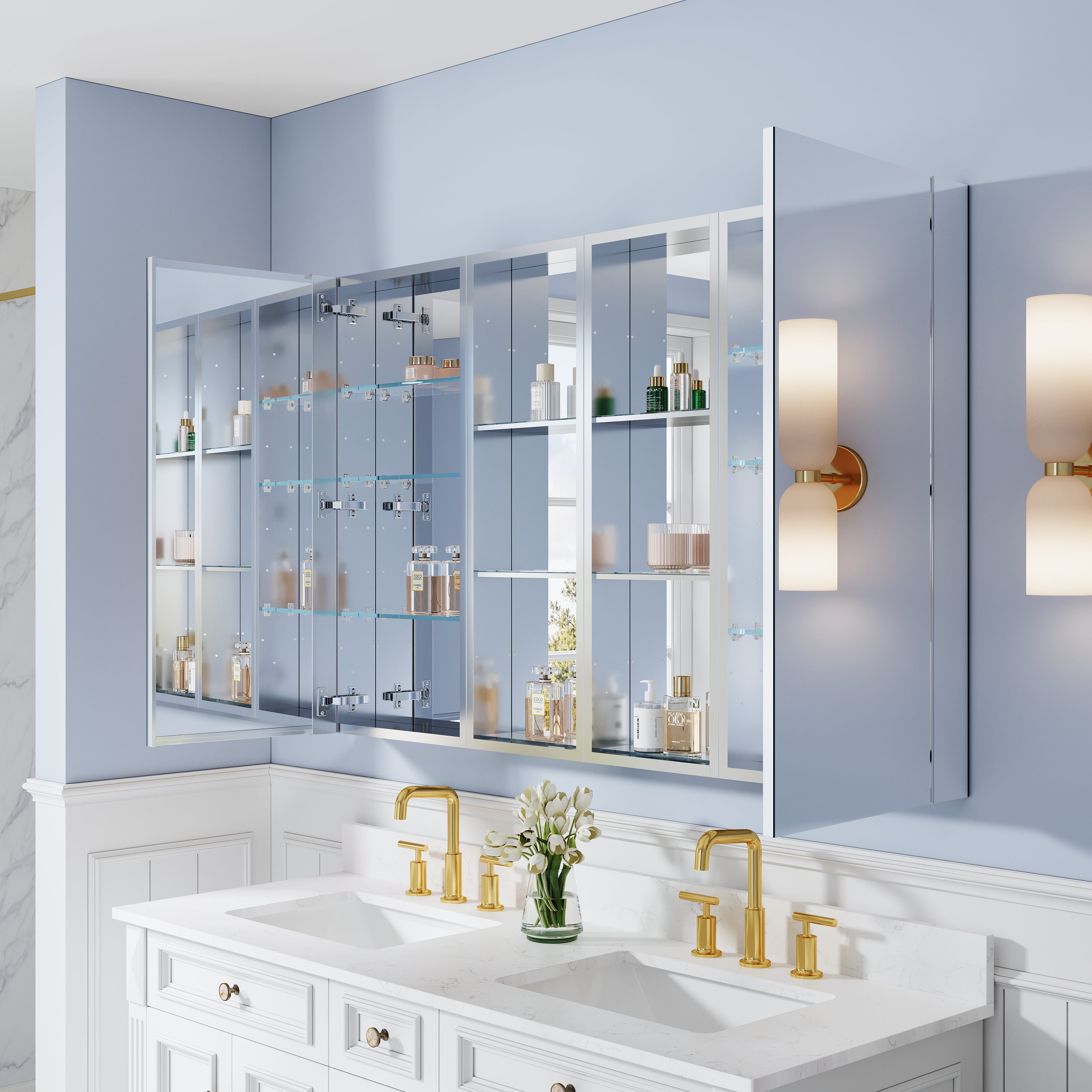 56 in. ×36 in. Bathroom Medicine Cabinet Set with Copper-Free Tri-View Mirror and Open Side Cabinet, Recessed or Surface Mount