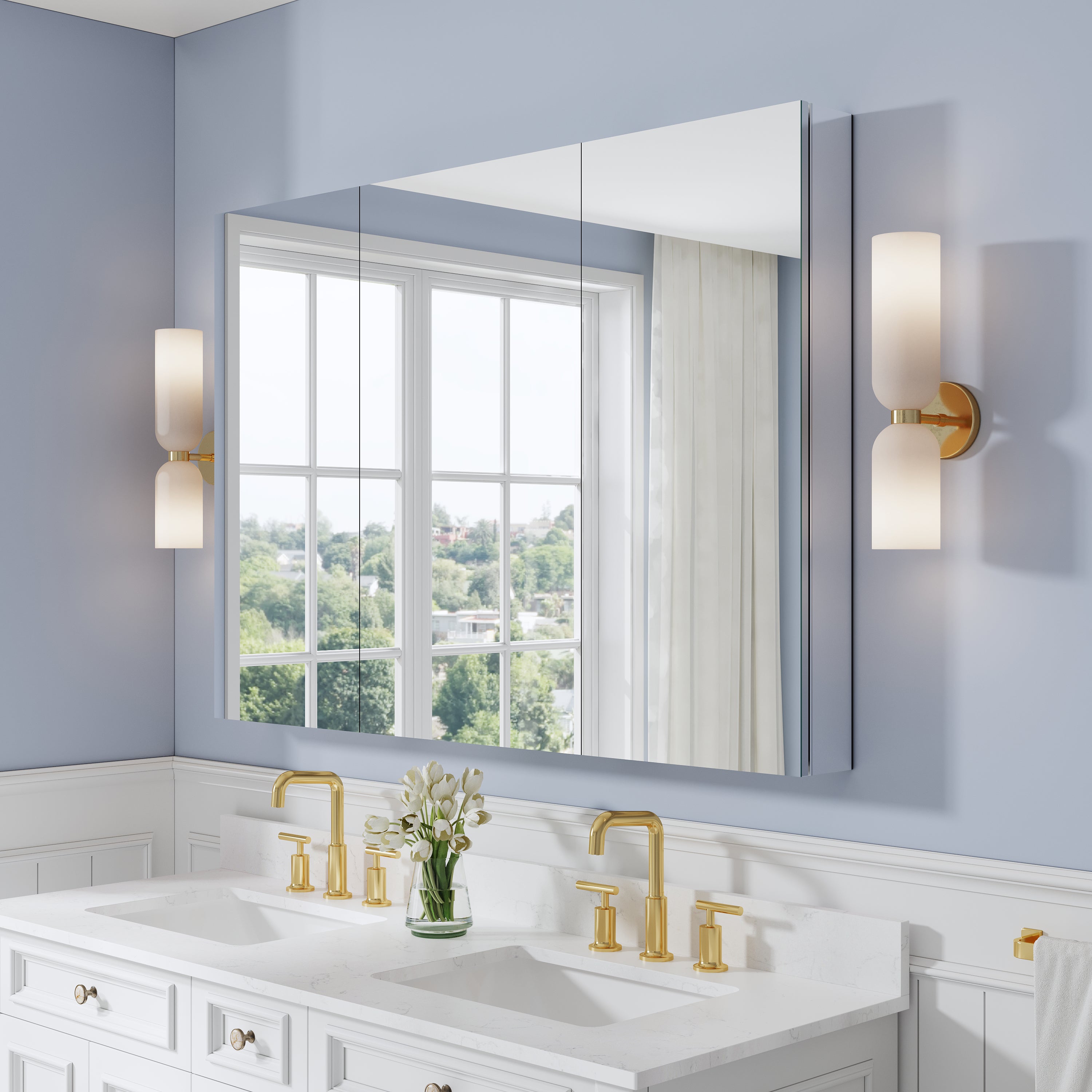 52 in. ×36 in. Copper-Free Tri-Views Mirror Medicine Cabinet with Adjustable Shelves and 3 Doors