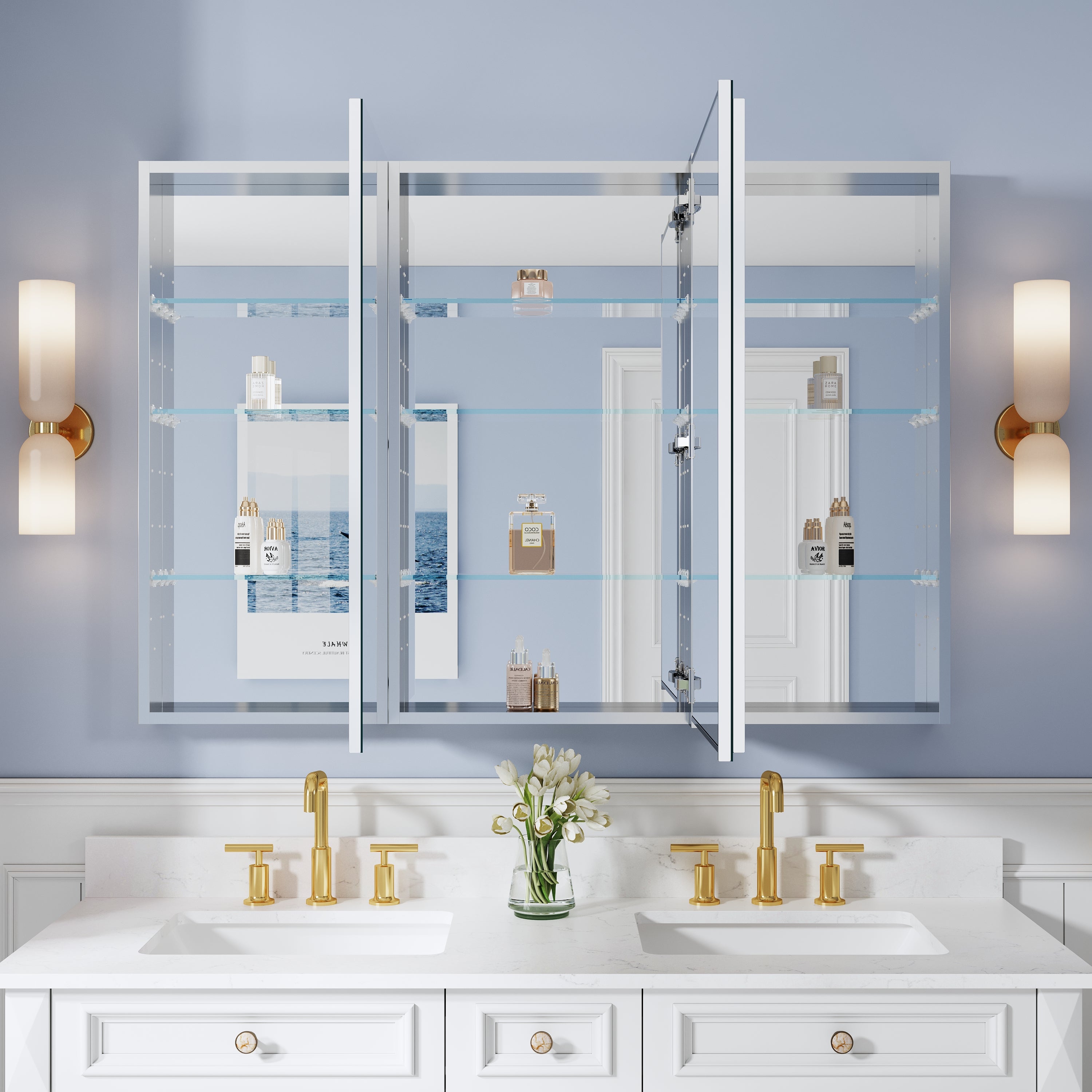 52 in. ×36 in. Copper-Free Tri-Views Mirror Medicine Cabinet with Adjustable Shelves and 3 Doors