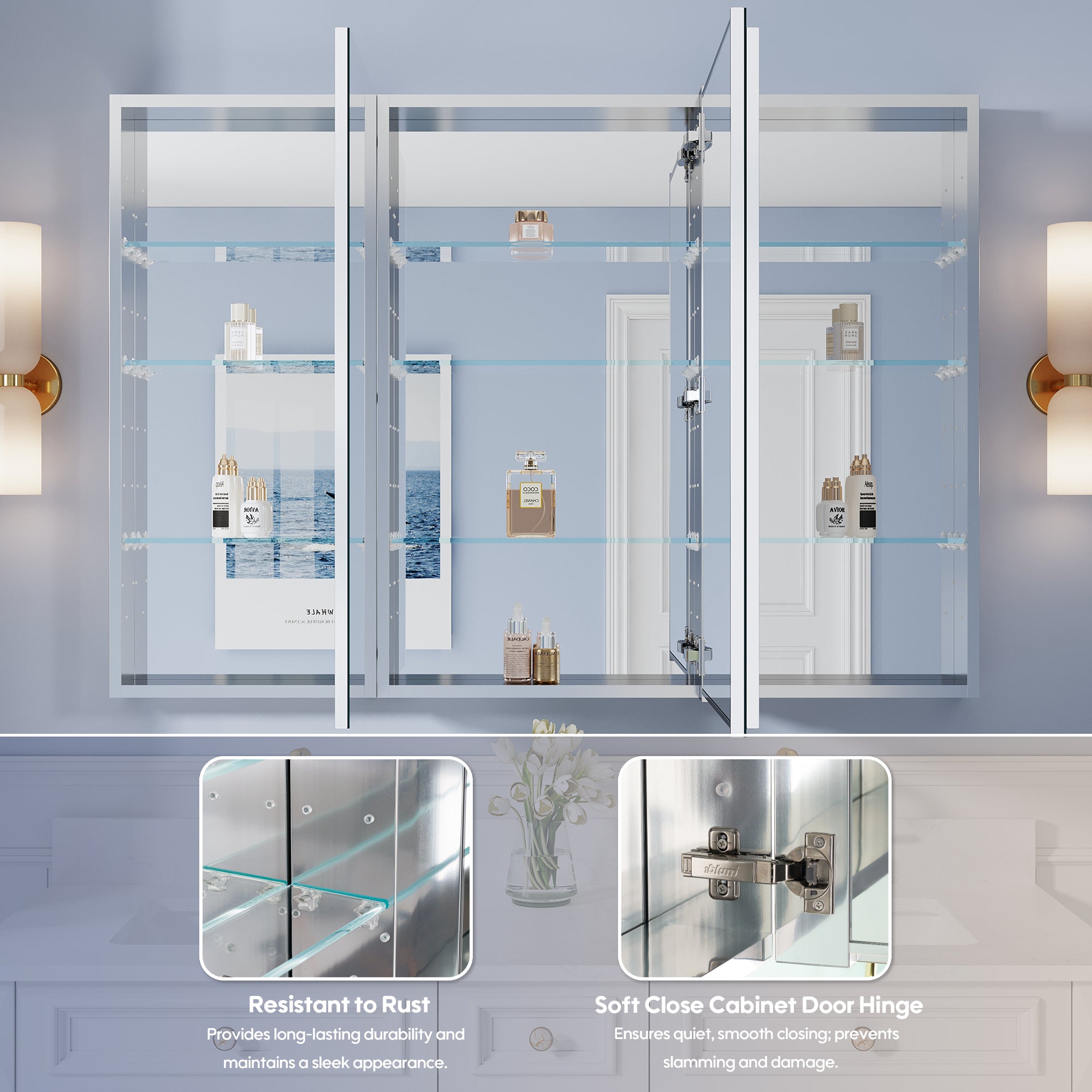 52 in. ×36 in. Copper-Free Tri-Views Mirror Medicine Cabinet with Adjustable Shelves and 3 Doors