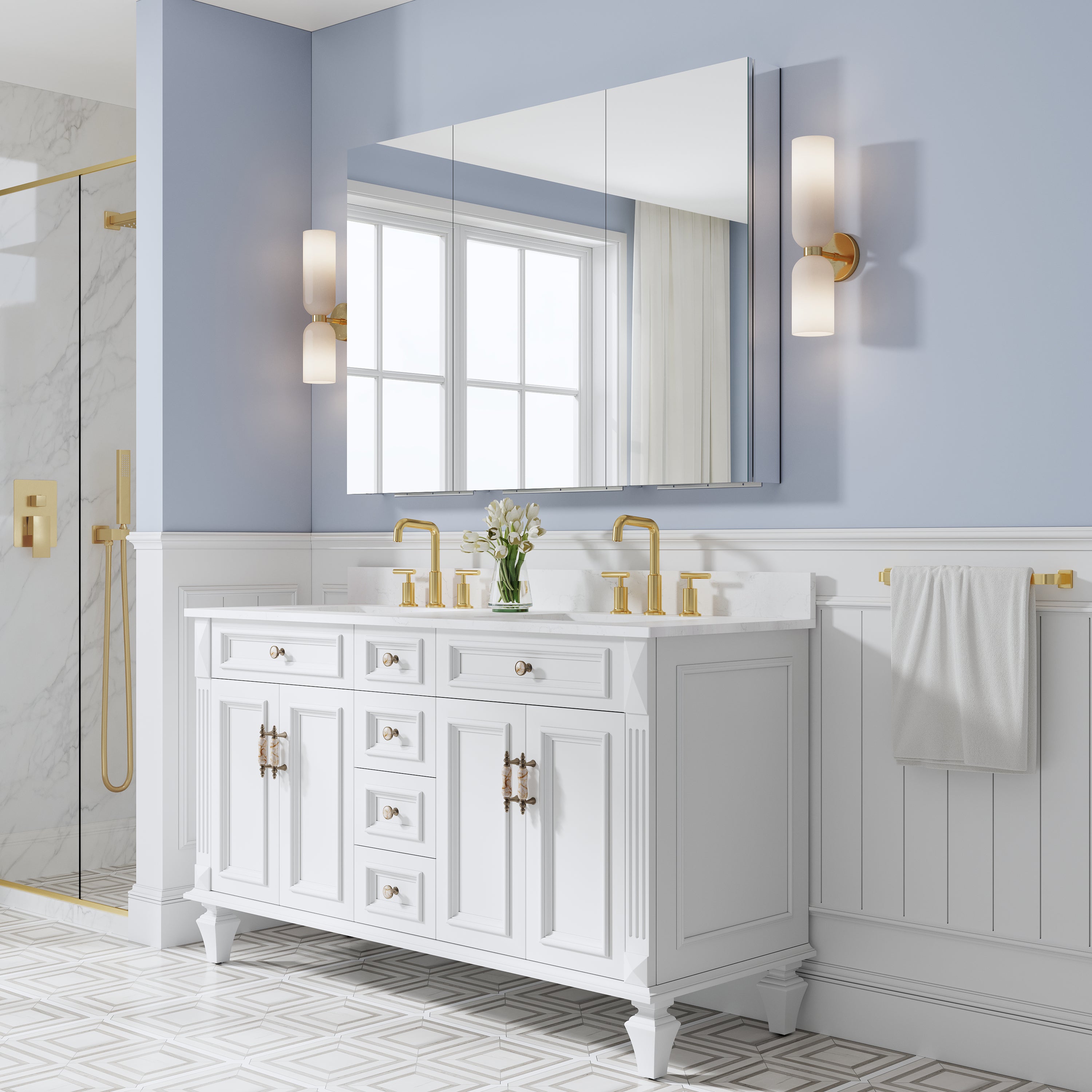 52 in. ×36 in. Copper-Free Tri-Views Mirror Medicine Cabinet with Adjustable Shelves and 3 Doors