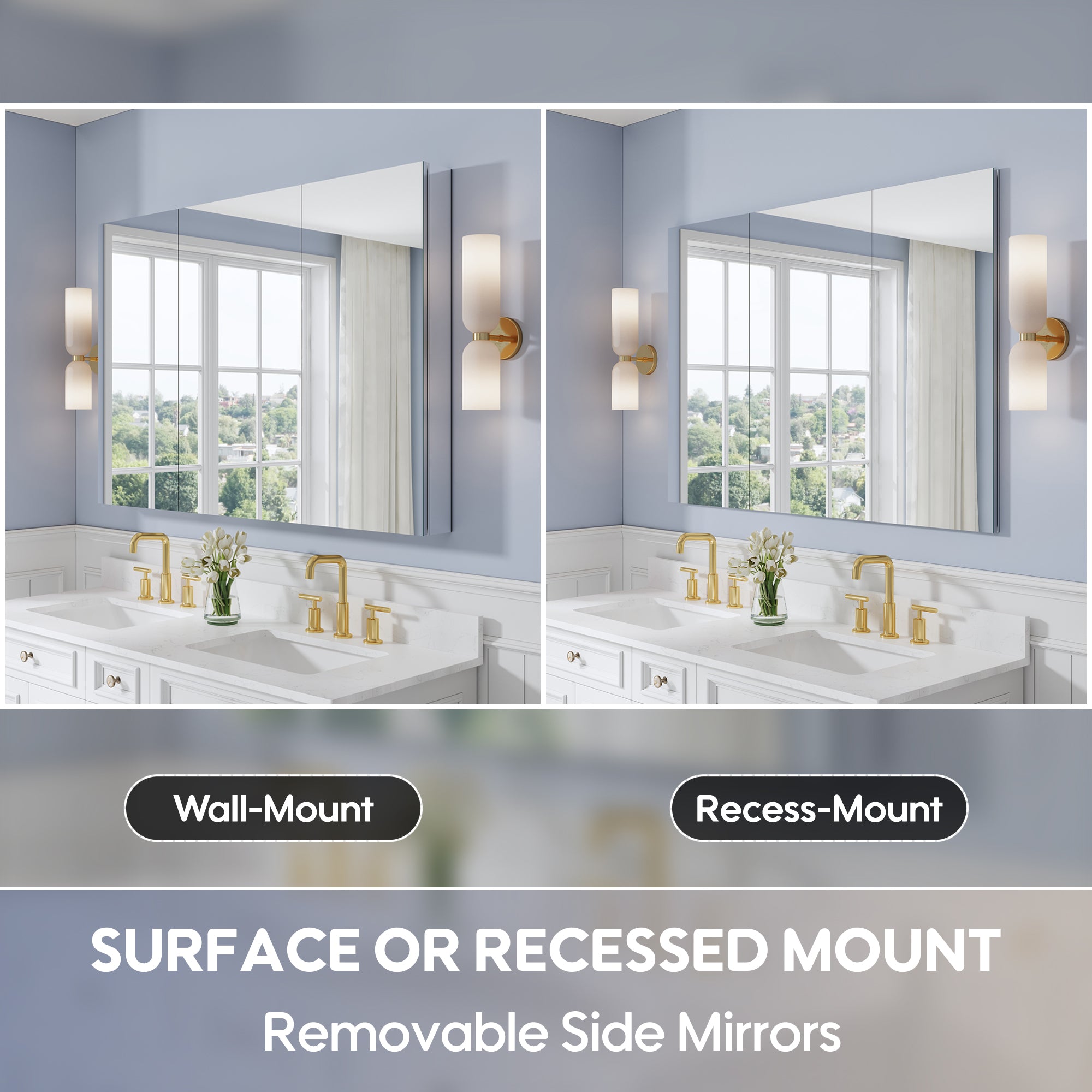 52 in. ×36 in. Copper-Free Tri-Views Mirror Medicine Cabinet with Adjustable Shelves and 3 Doors