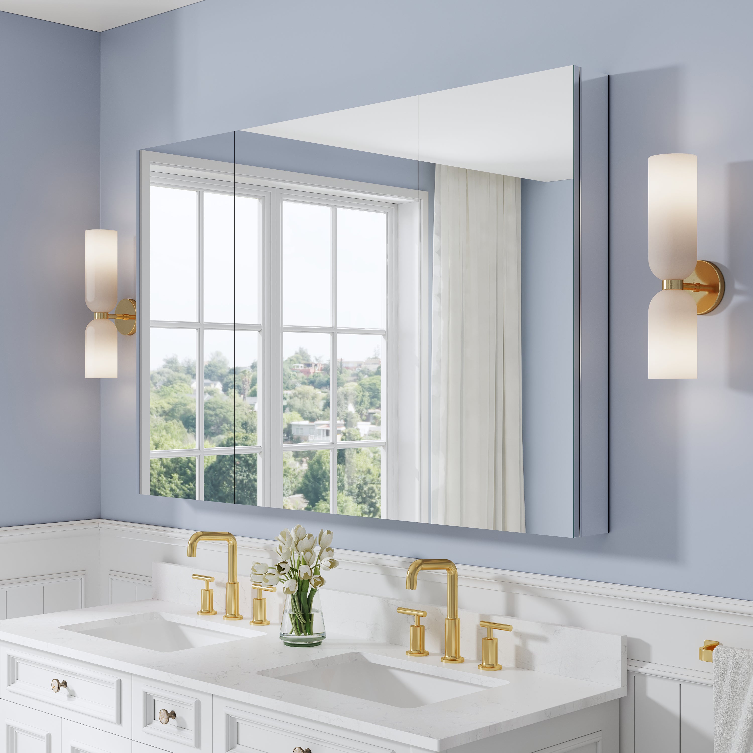 56 in. ×36 in. Copper-Free Tri-Views Mirror Medicine Cabinet with Adjustable Shelves and 3 Doors