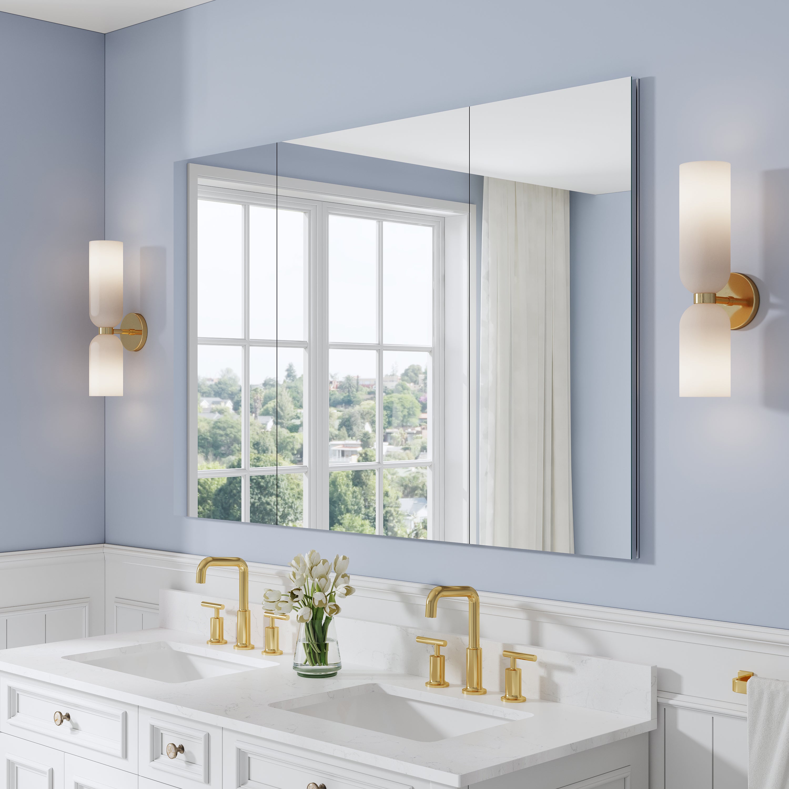 56 in. ×36 in. Copper-Free Tri-Views Mirror Medicine Cabinet with Adjustable Shelves and 3 Doors